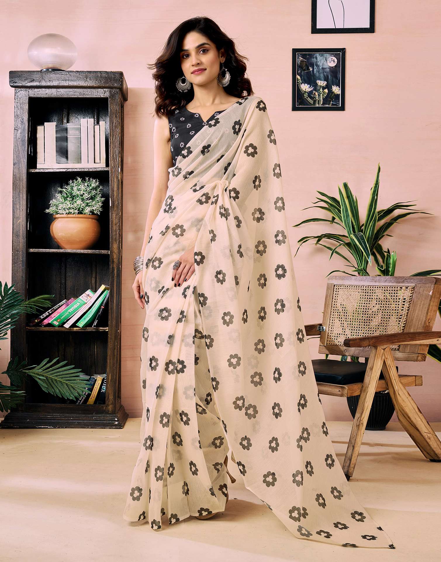 Ready to Wear Beige Chanderi Floral Printed Saree