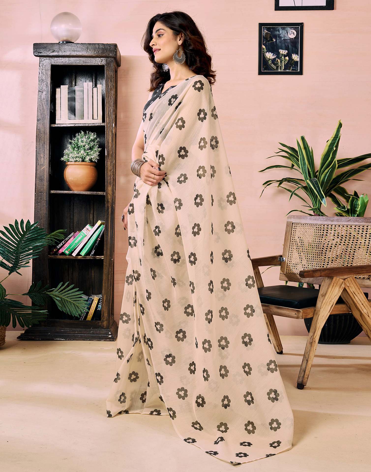 Ready to Wear Beige Chanderi Floral Printed Saree