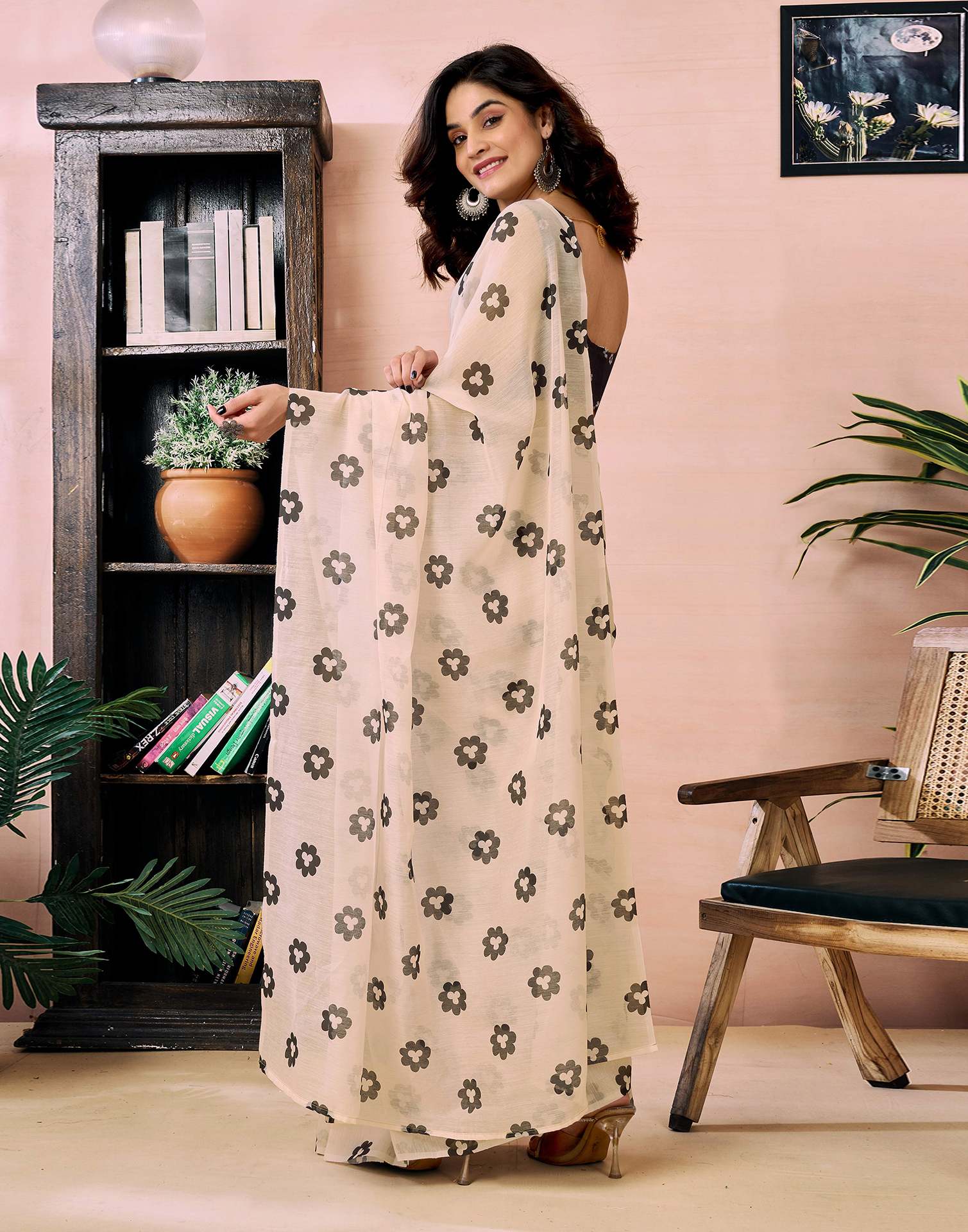 Ready to Wear Beige Chanderi Floral Printed Saree