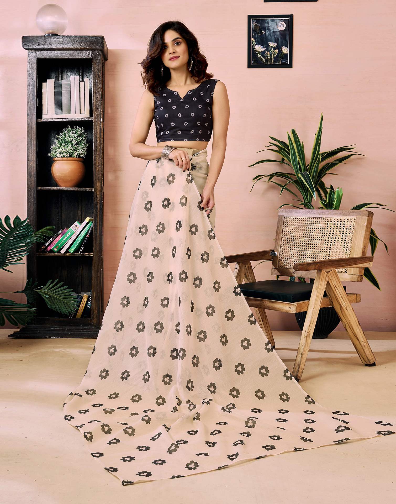 Ready to Wear Beige Chanderi Floral Printed Saree