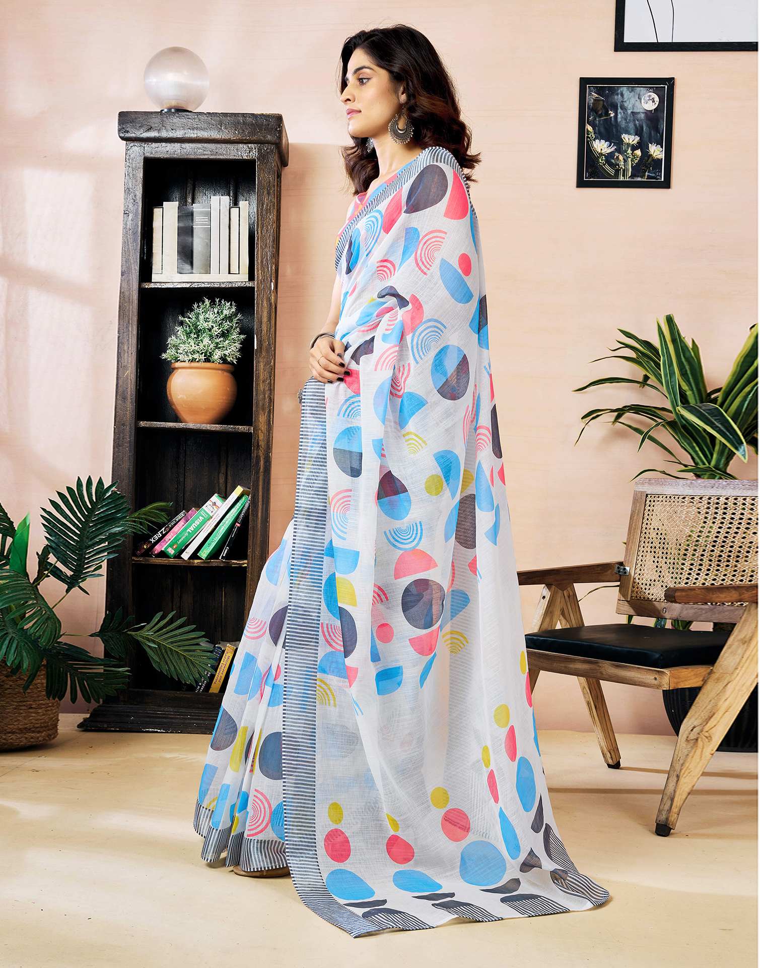 Ready to Wear White Linen Zari Printed Saree