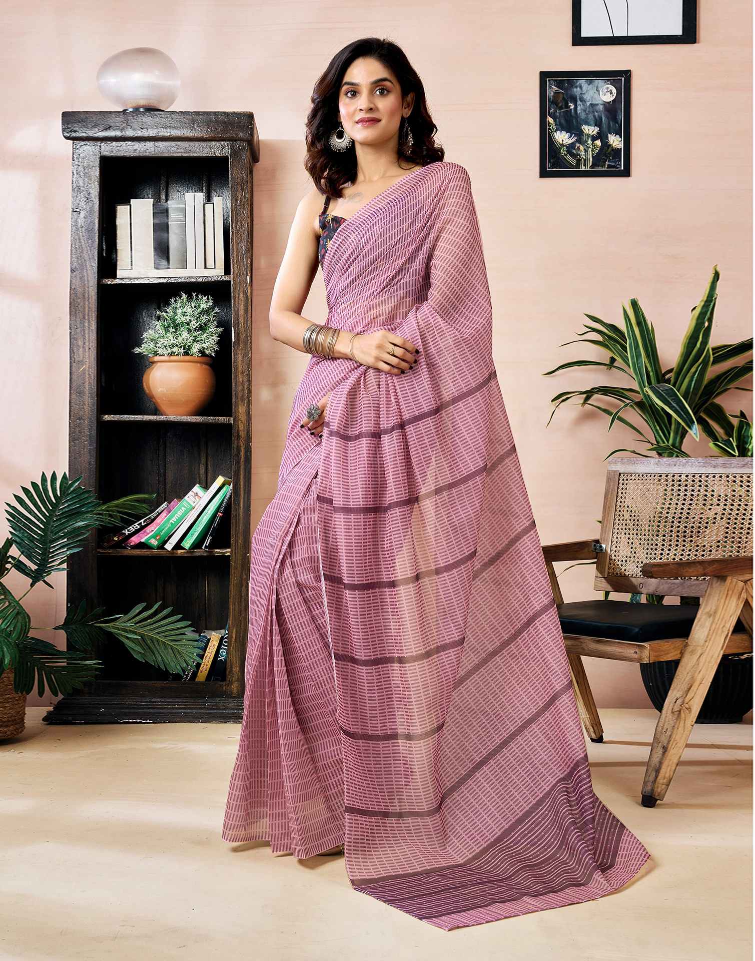 Ready to Wear Pink Chanderi Printed Saree