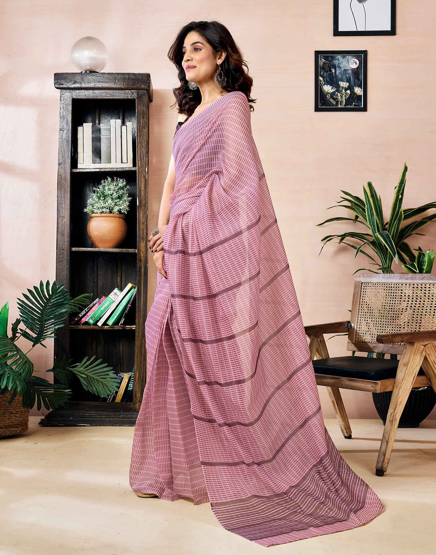 Ready to Wear Pink Chanderi Printed Saree