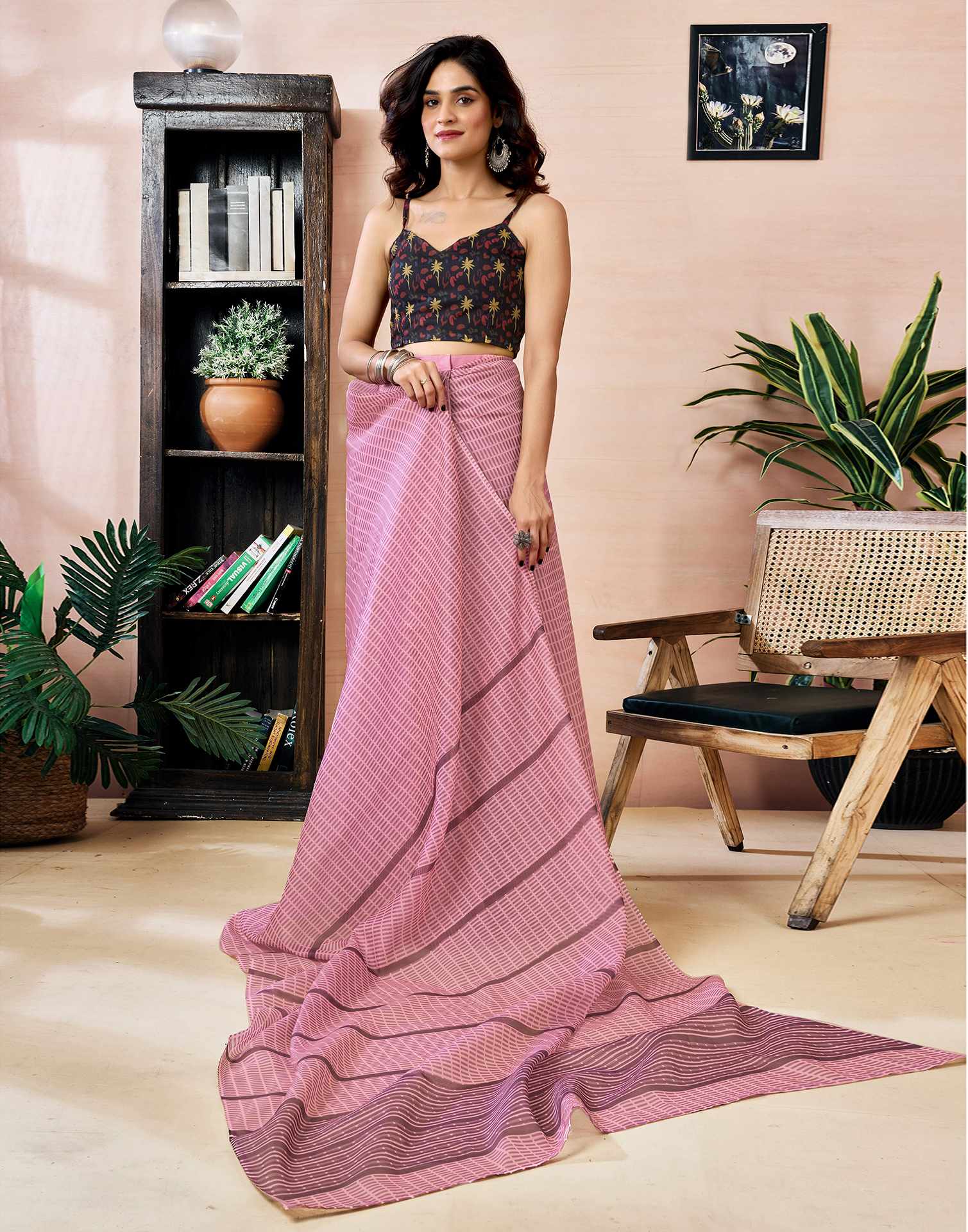 Ready to Wear Pink Chanderi Printed Saree