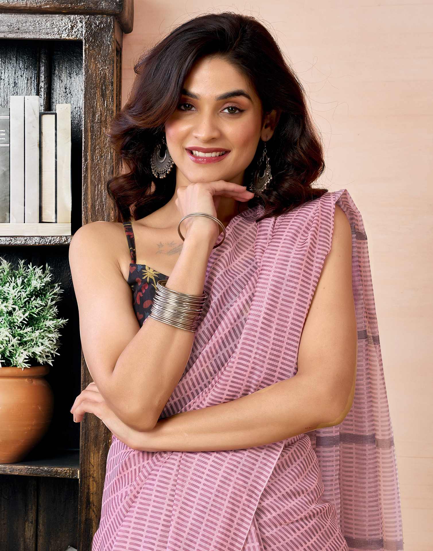 Ready to Wear Pink Chanderi Printed Saree