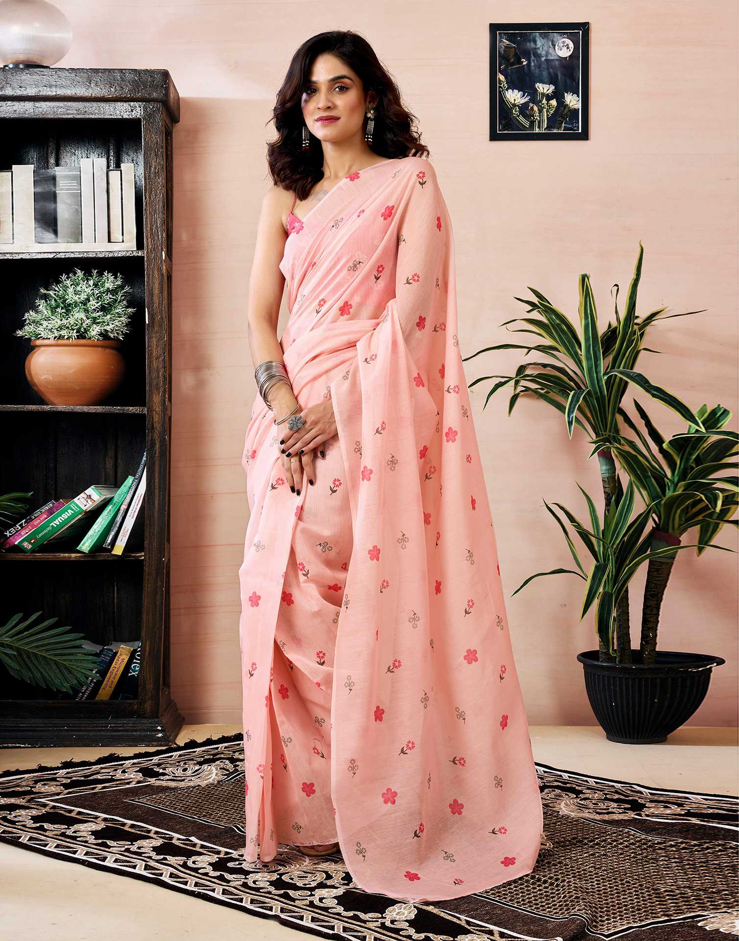 Ready to Wear Light Peach Chanderi Floral Printed Saree