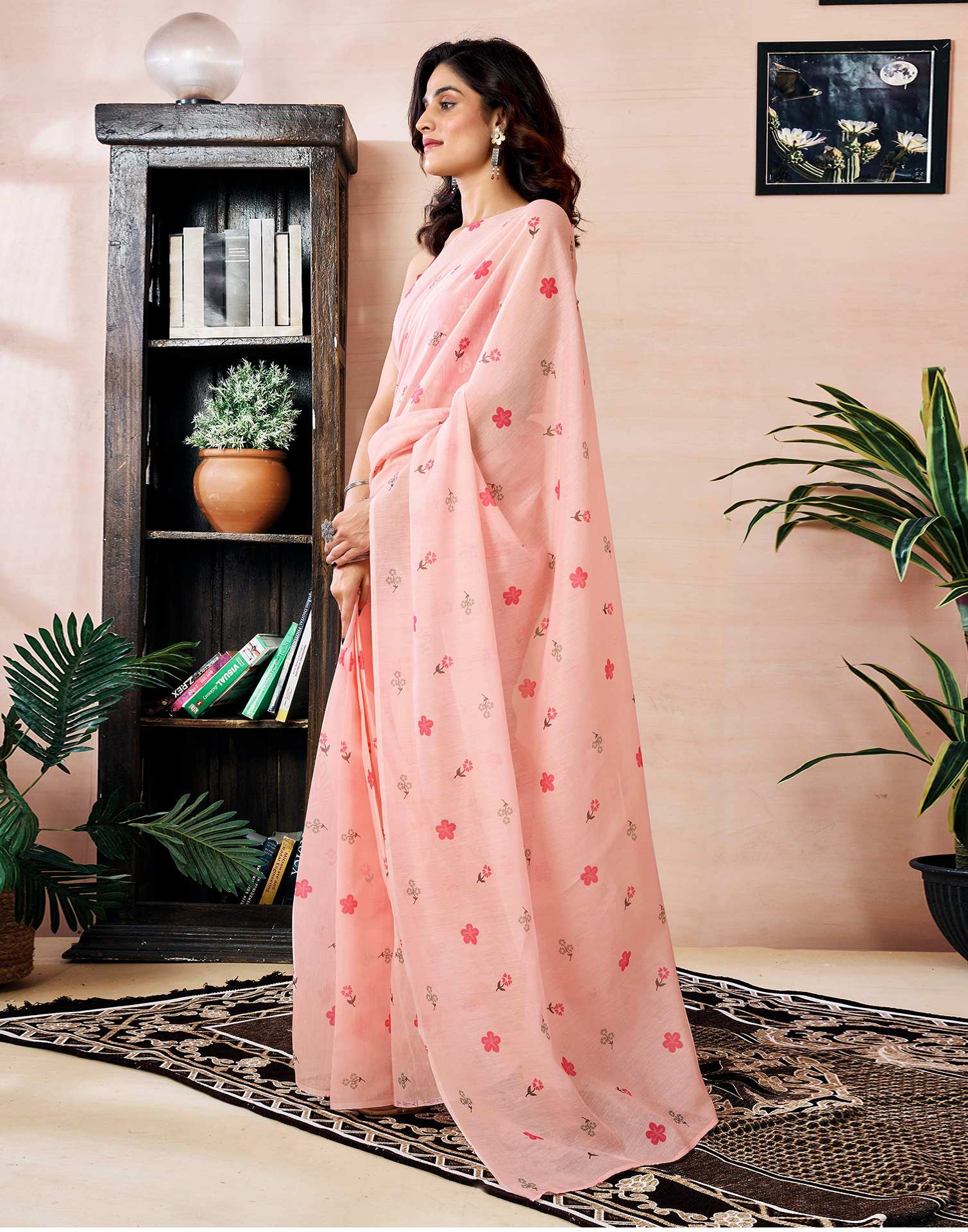 Ready to Wear Light Peach Chanderi Floral Printed Saree