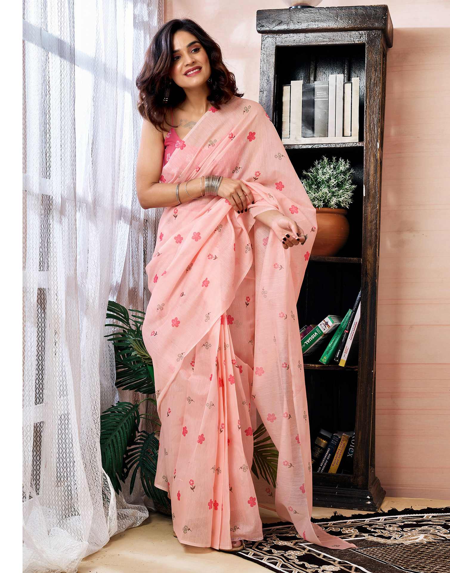 Ready to Wear Light Peach Chanderi Floral Printed Saree