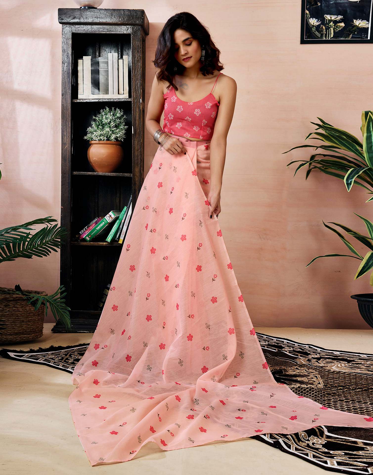 Ready to Wear Light Peach Chanderi Floral Printed Saree