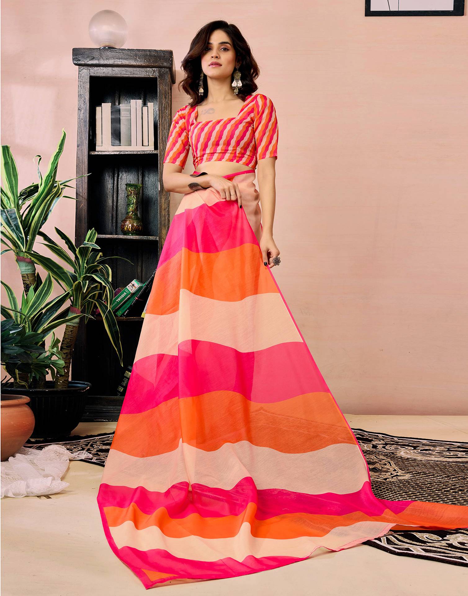 Ready to Wear Pink Chanderi Printed Saree