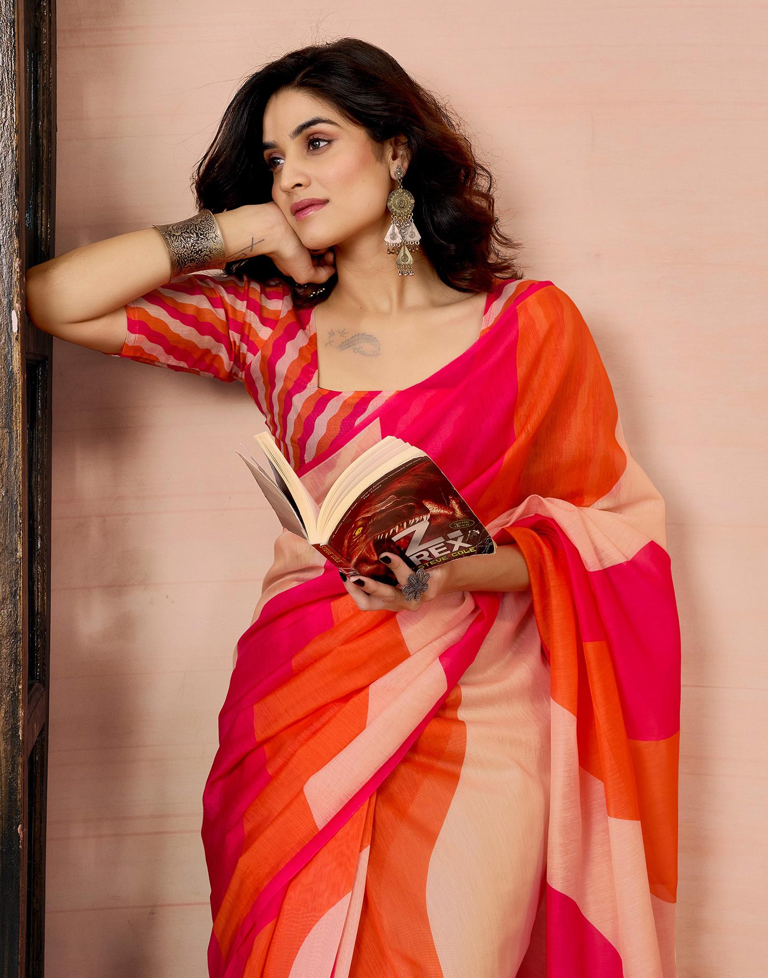 Ready to Wear Pink Chanderi Printed Saree