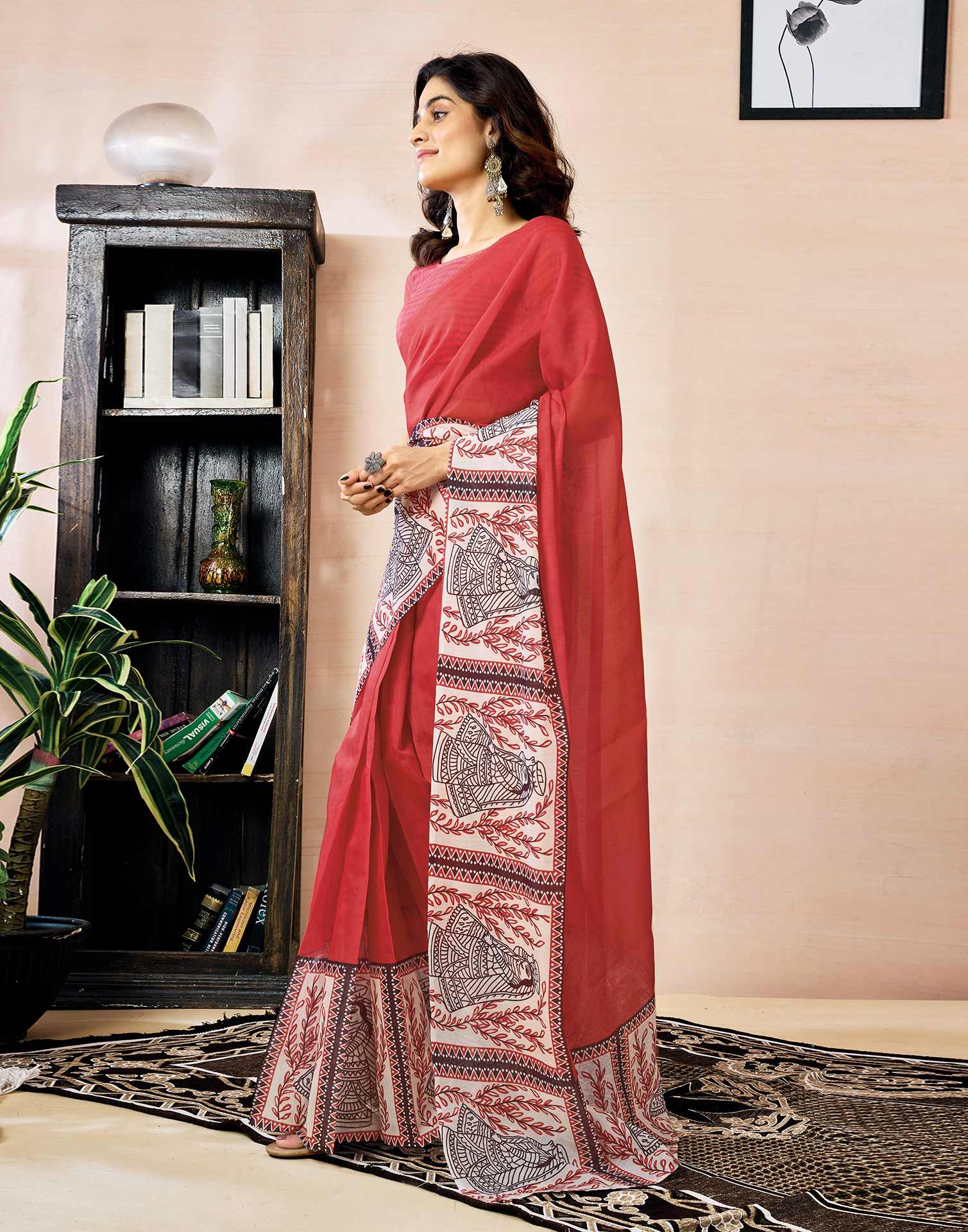 Ready to Wear Red Chanderi Zari Printed Saree