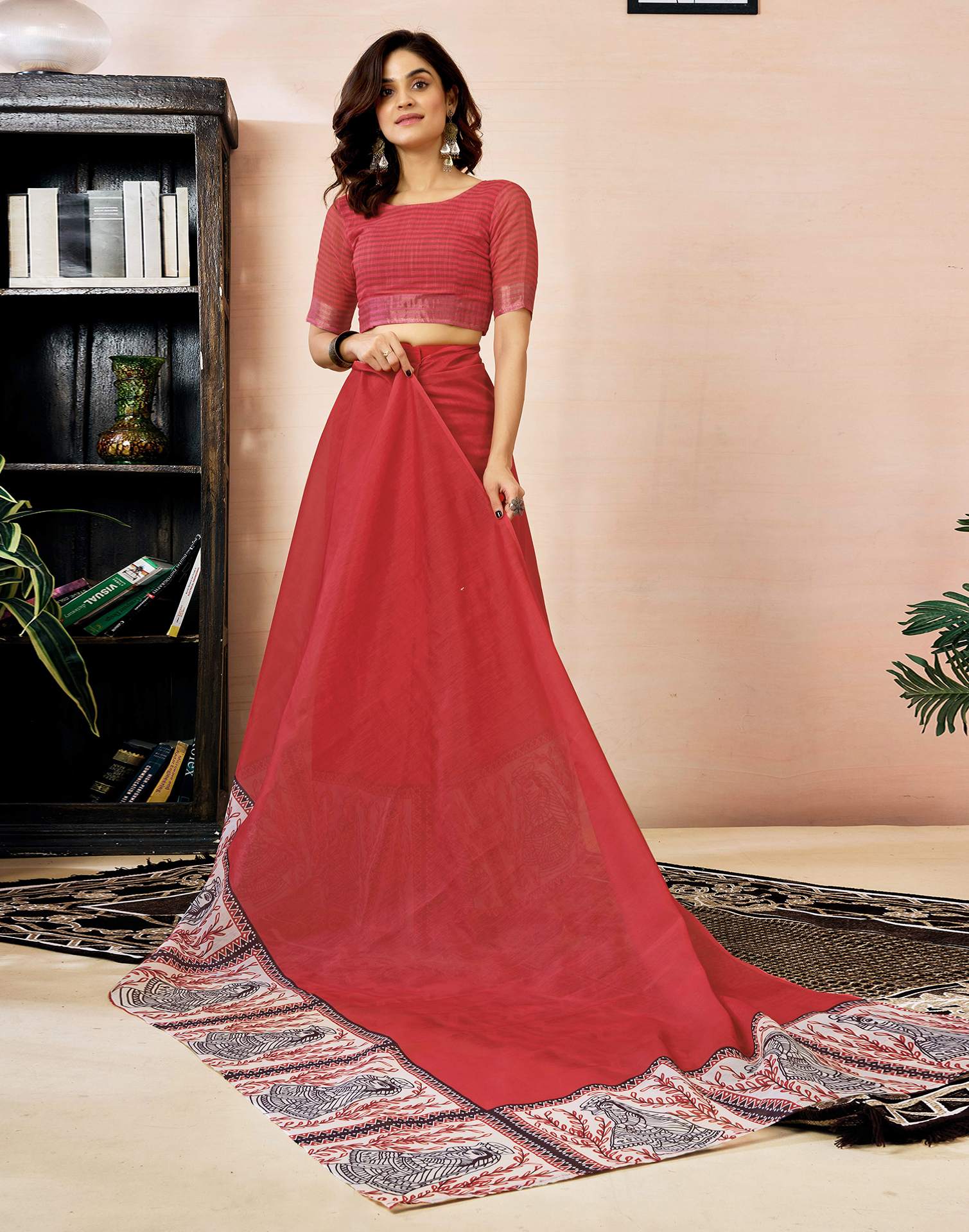 Ready to Wear Red Chanderi Zari Printed Saree