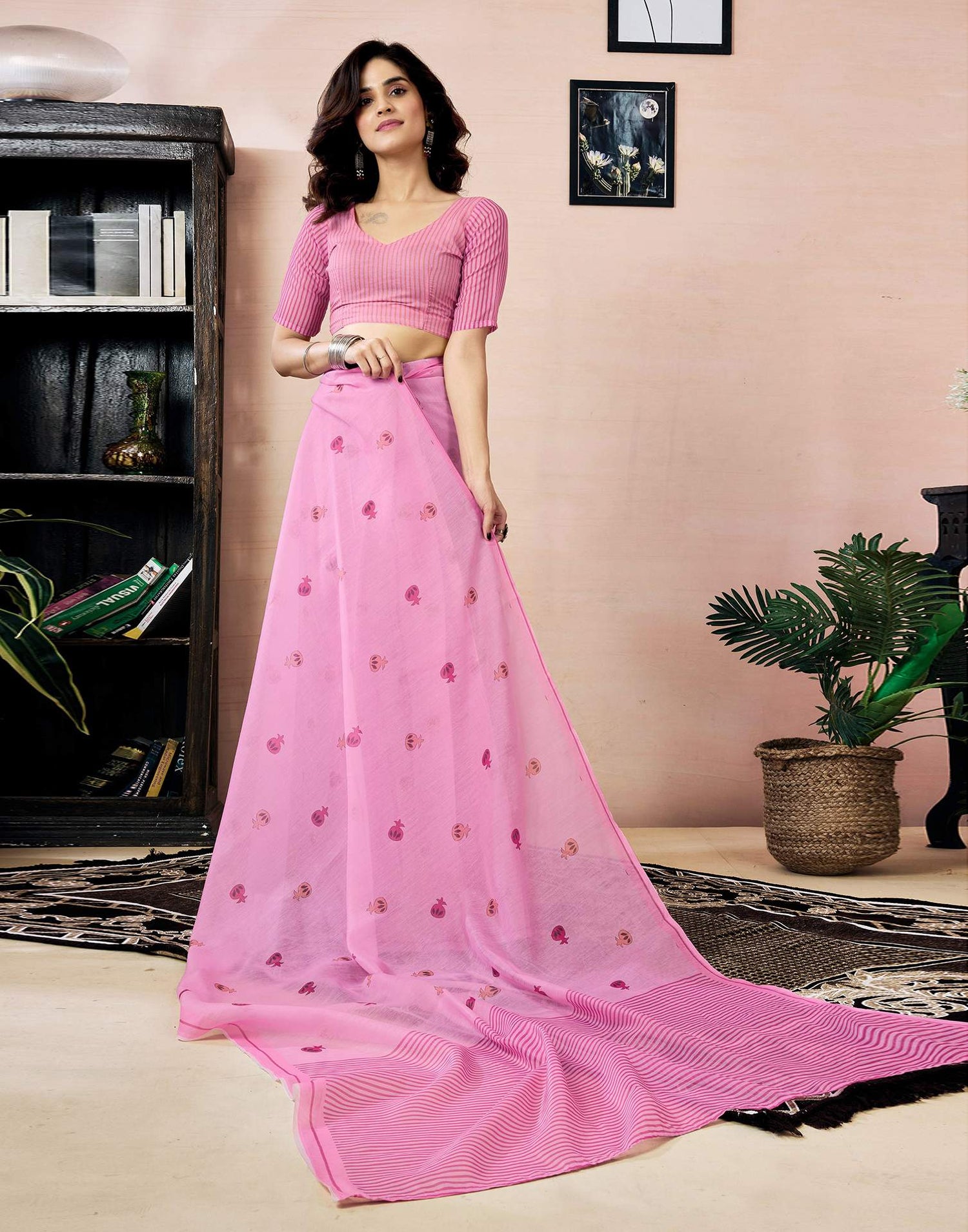 Ready to Wear Pink Chanderi Printed Saree