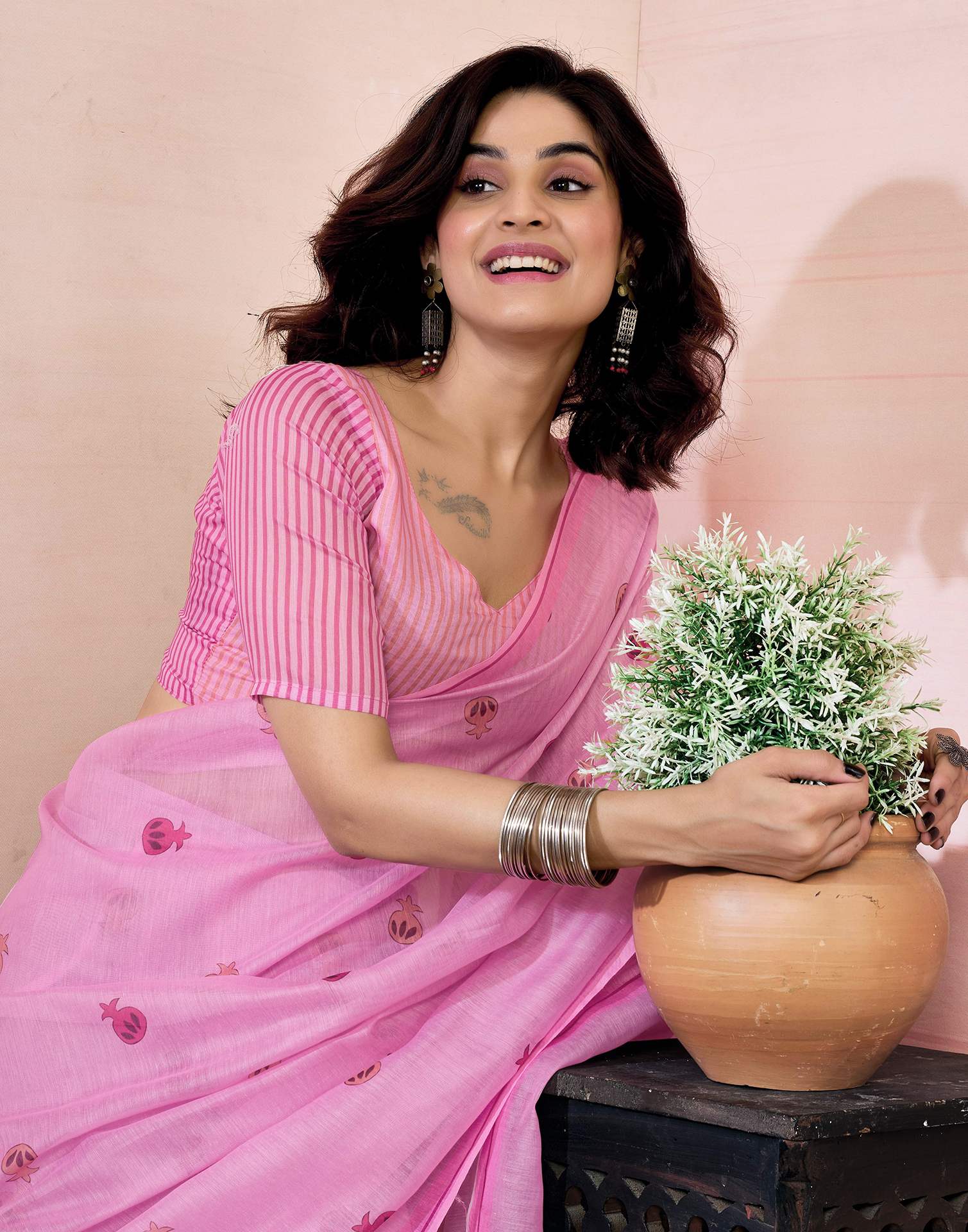 Ready to Wear Pink Chanderi Printed Saree
