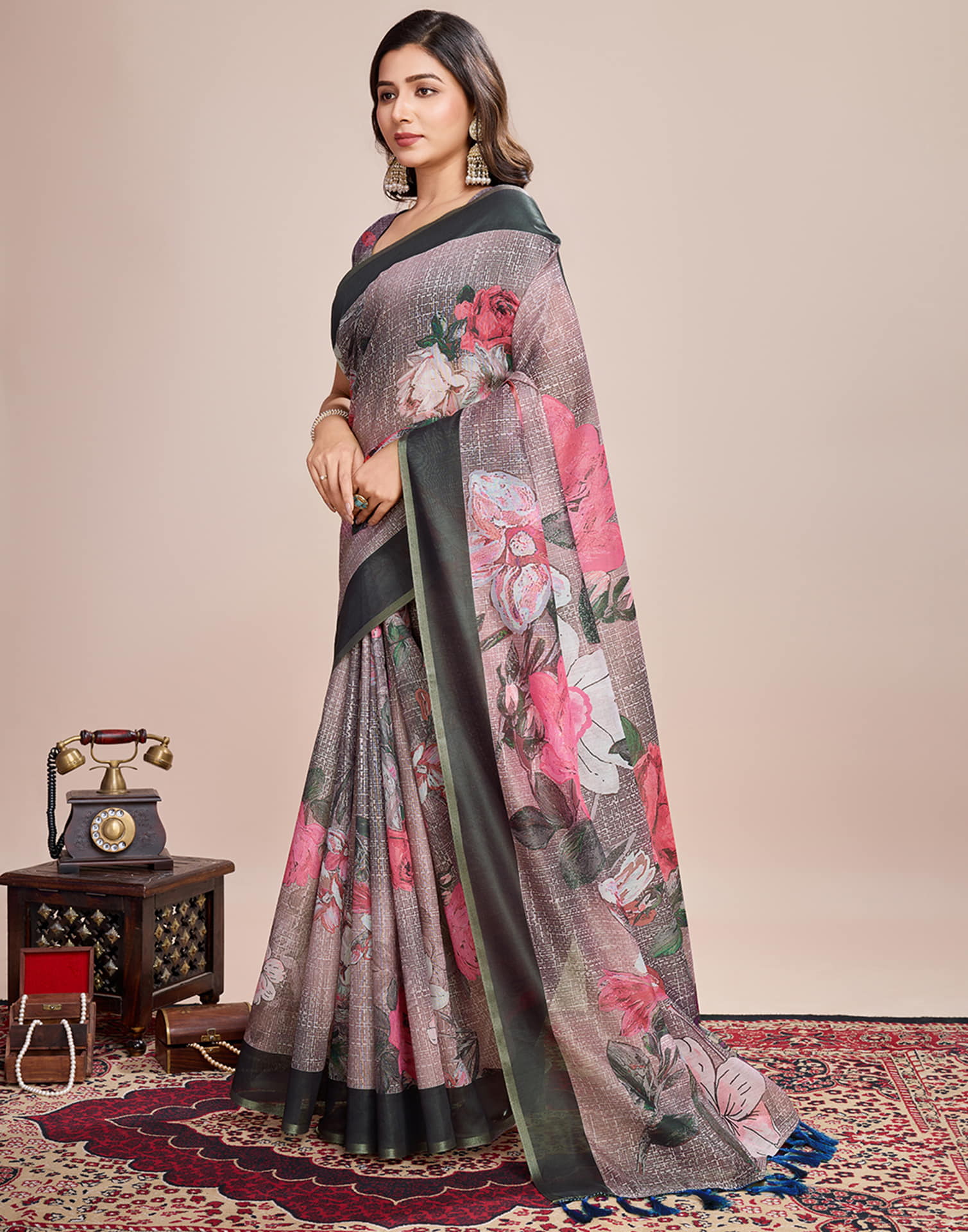 Mauve Linen Printed Saree