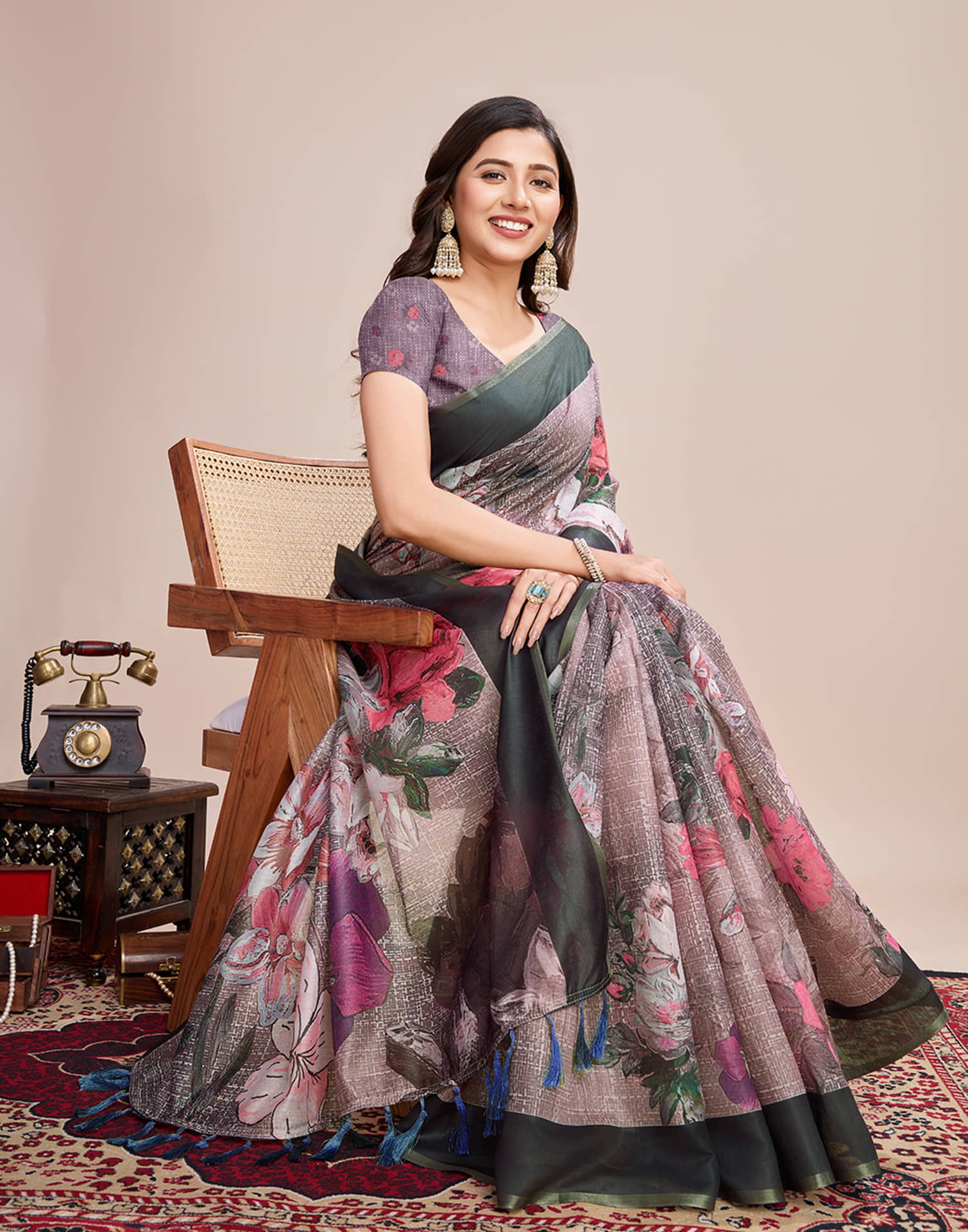 Mauve Linen Printed Saree