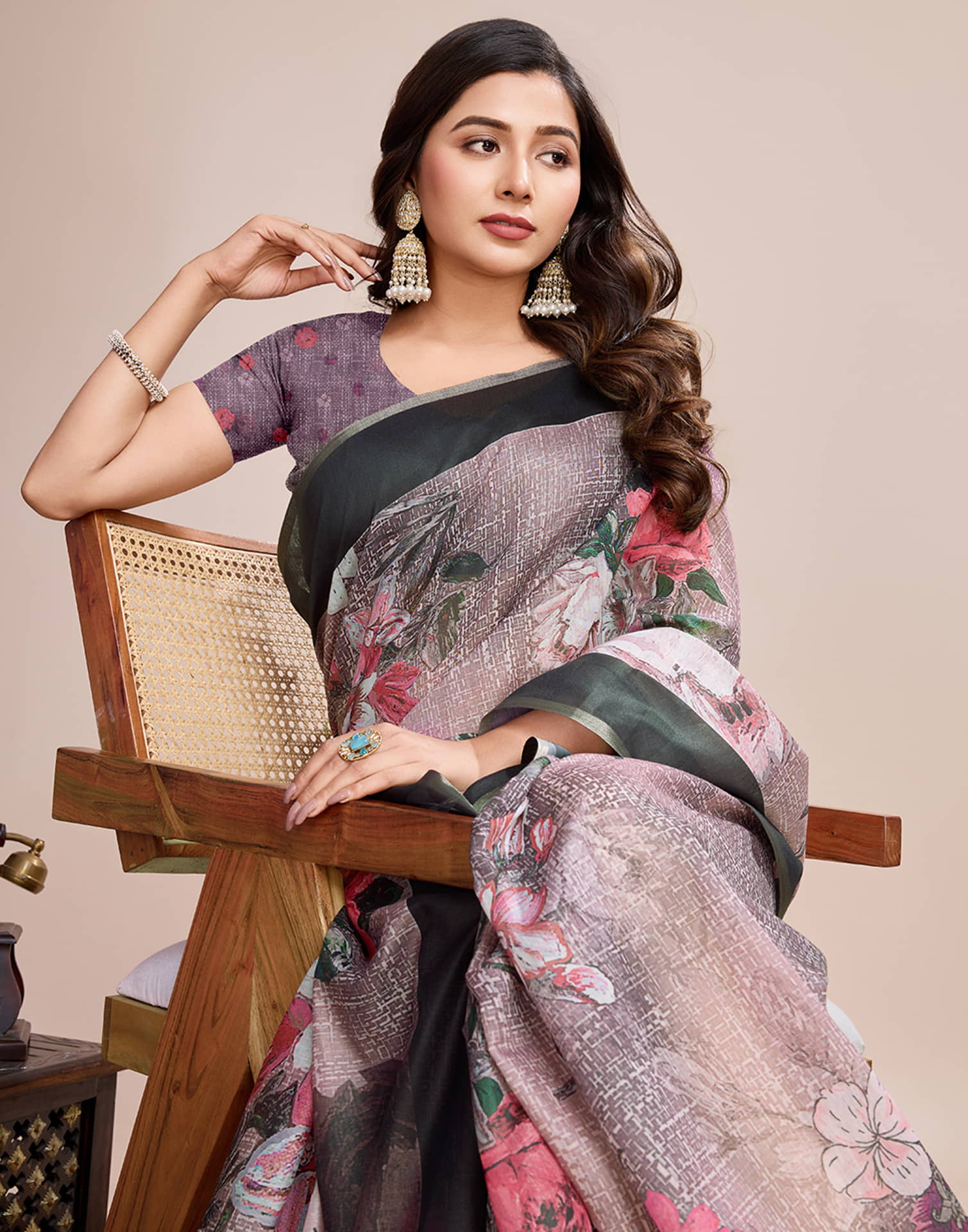 Mauve Linen Printed Saree