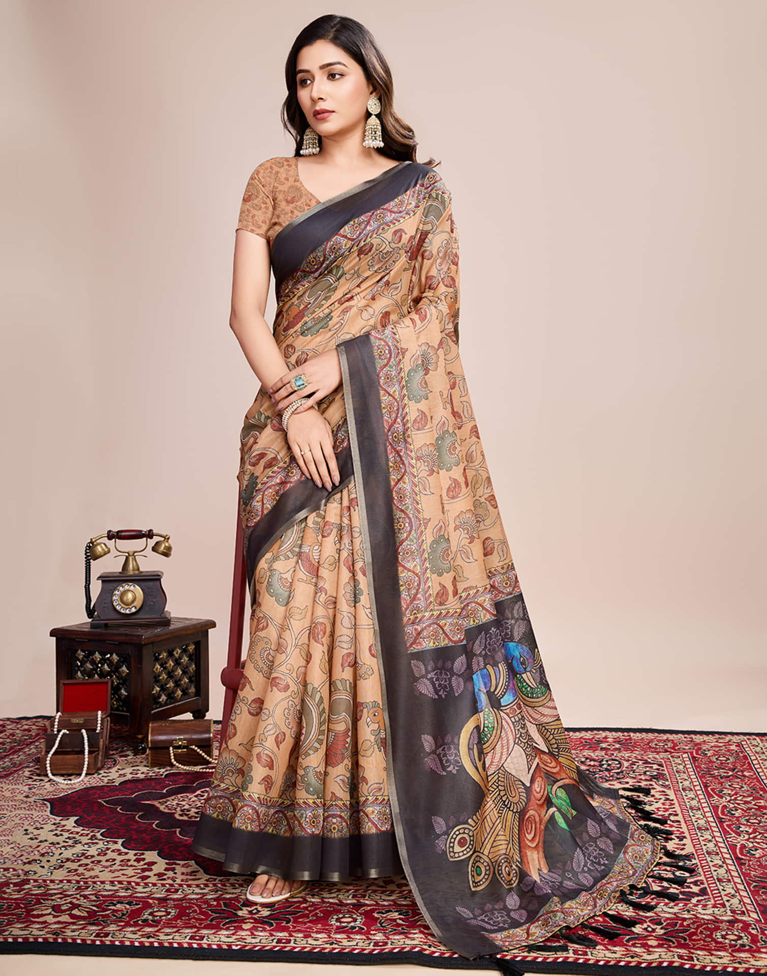 Sand Brown Linen Printed Saree