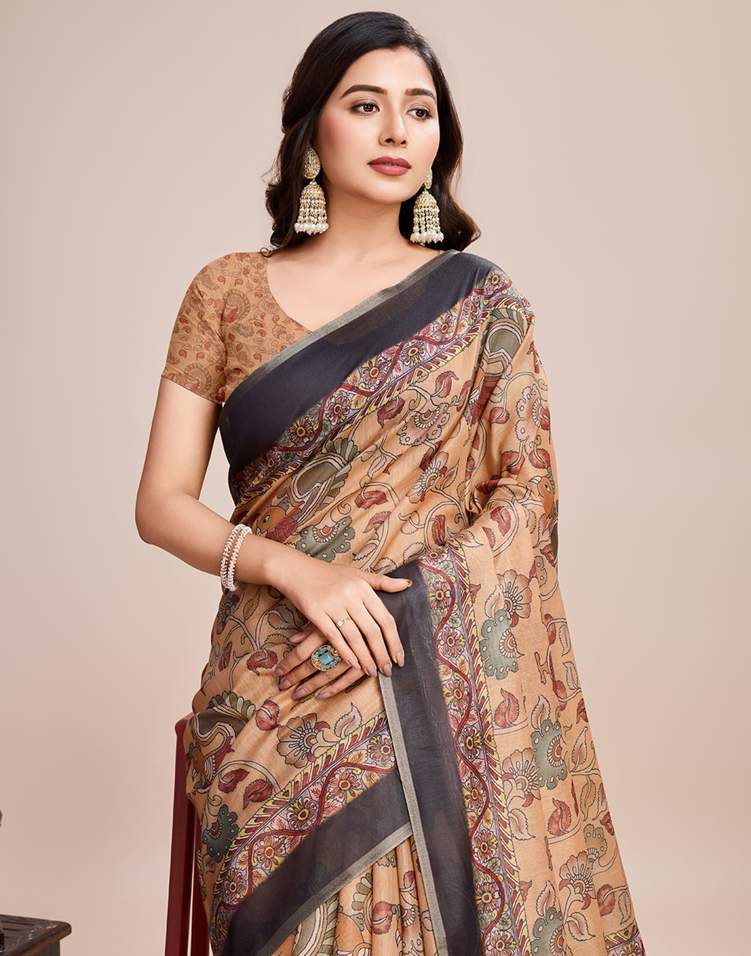 Sand Brown Linen Printed Saree