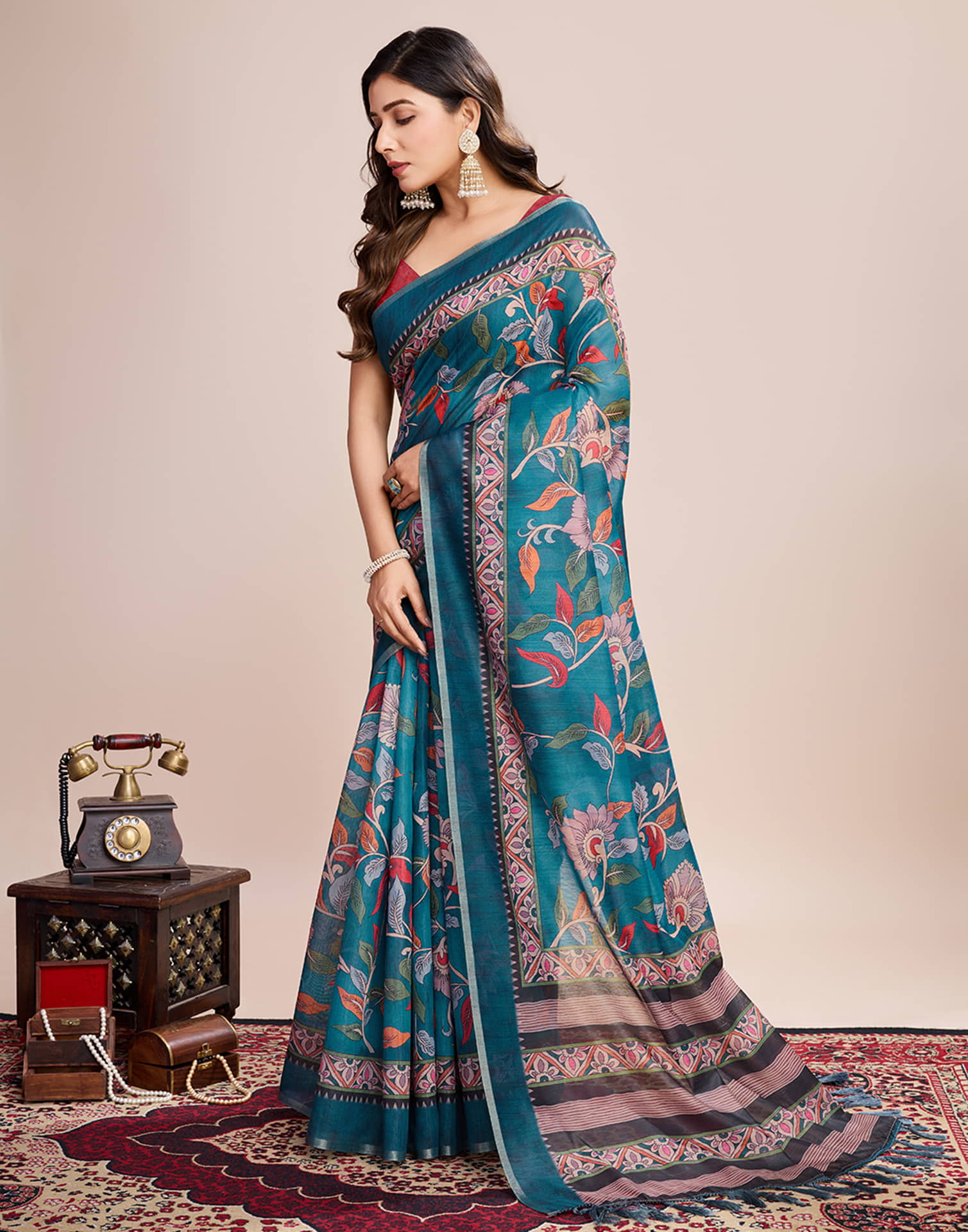 Teal Blue Linen Printed Saree