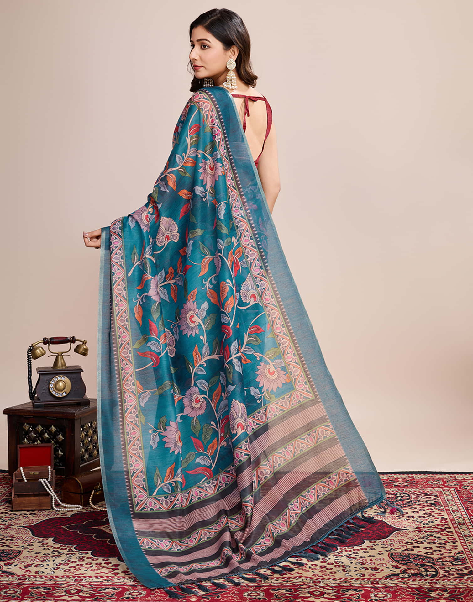 Teal Blue Linen Printed Saree