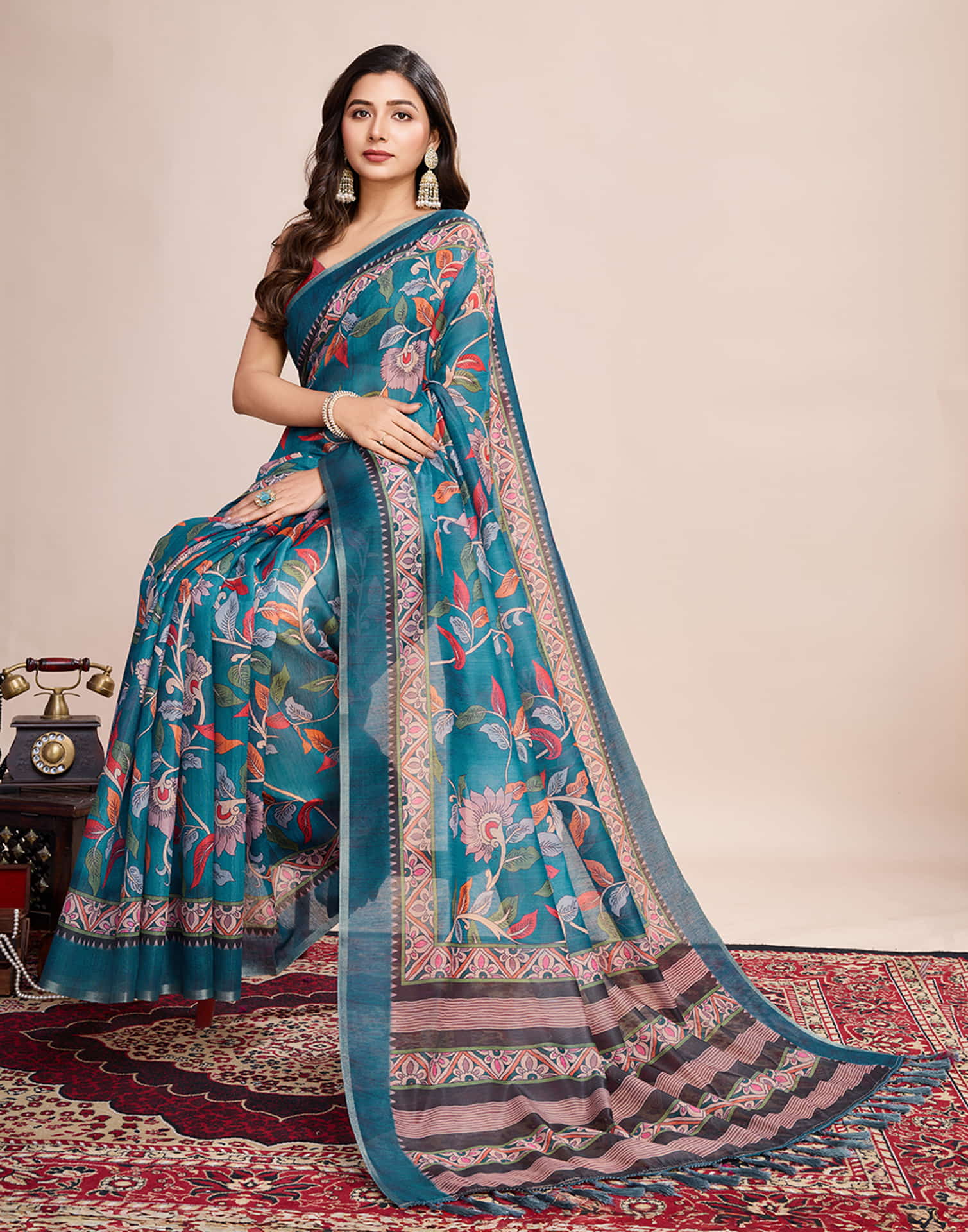 Teal Blue Linen Printed Saree