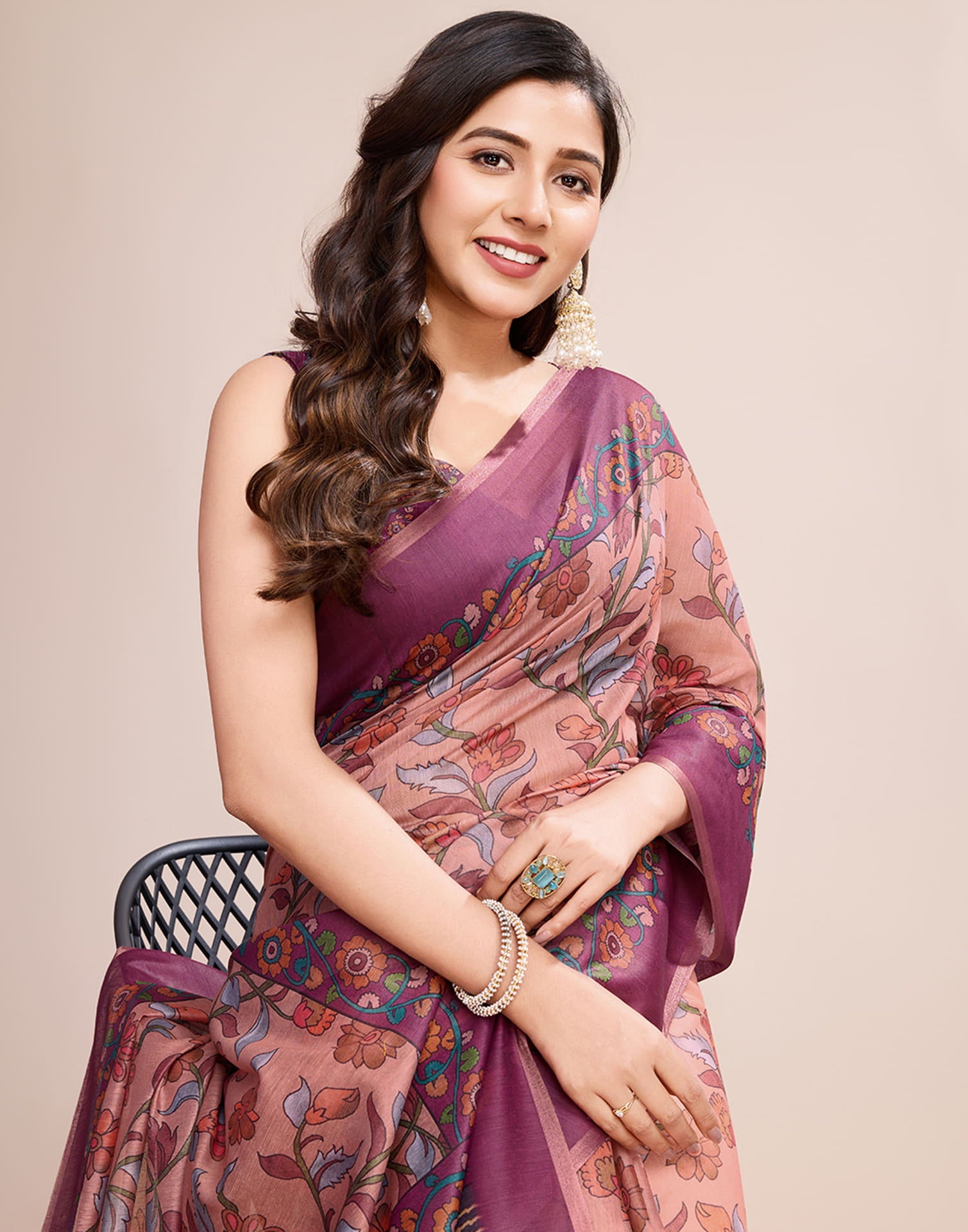 Dusty Pink Linen Printed Saree