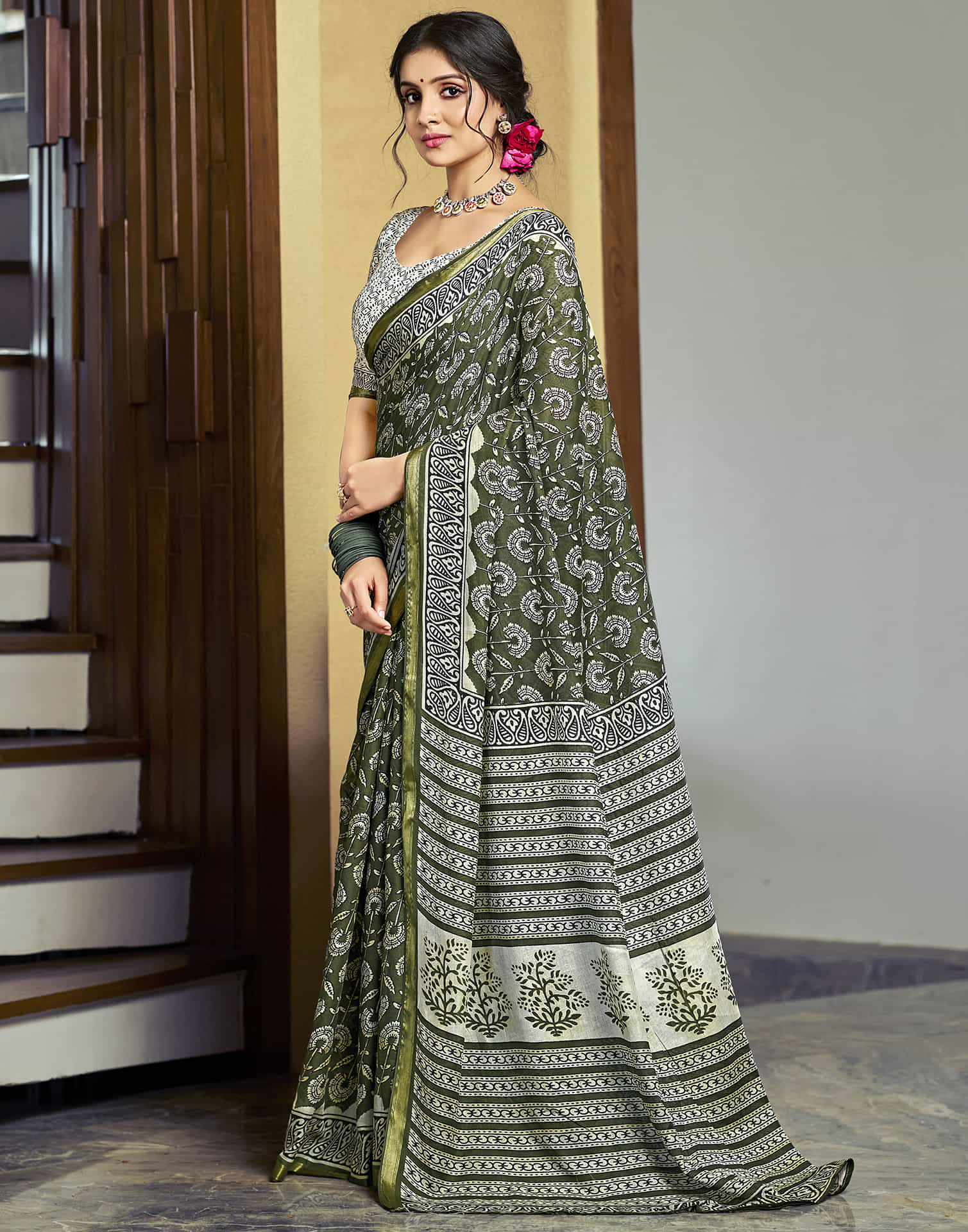 Olive Green Cotton Printed Saree