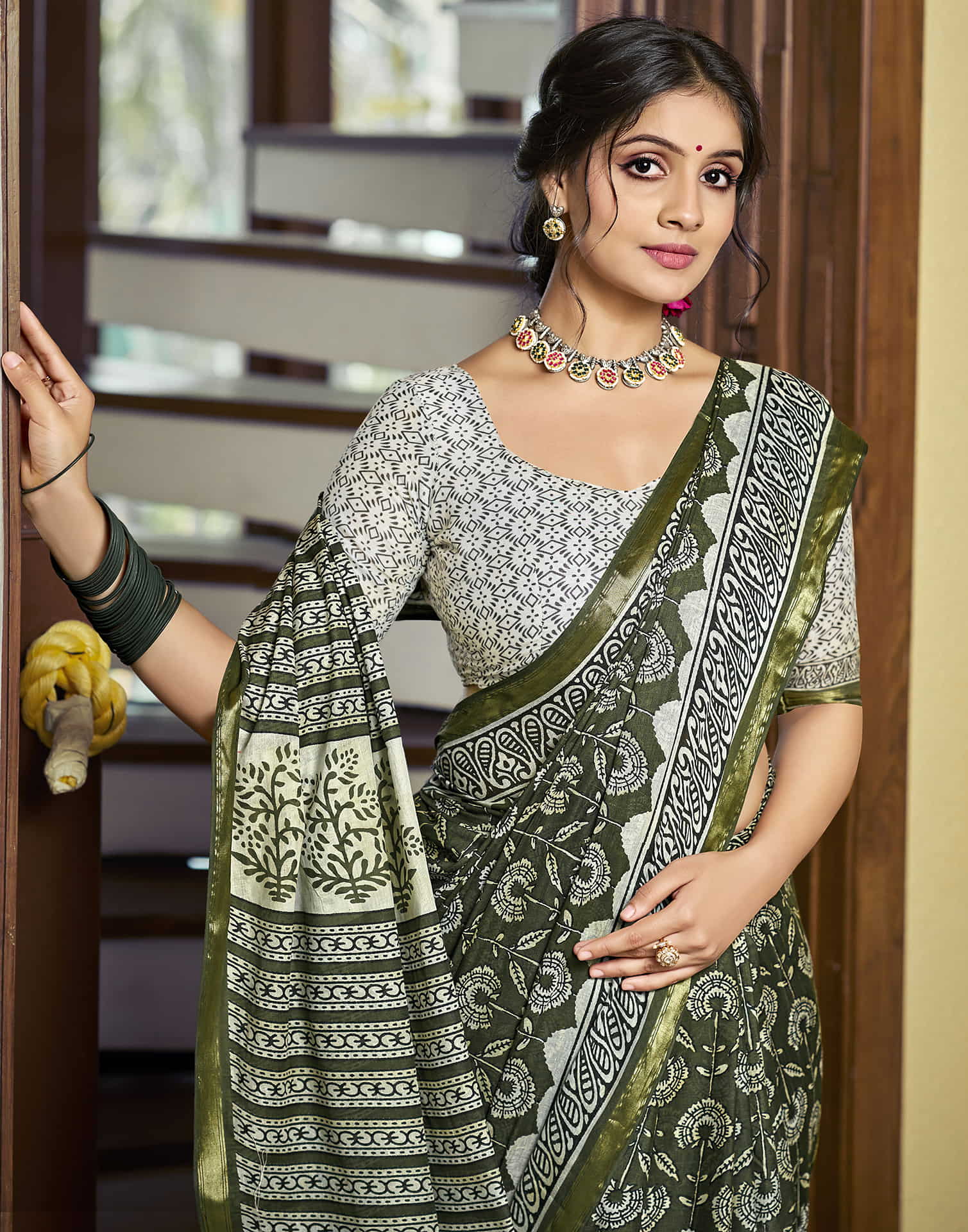 Olive Green Cotton Printed Saree