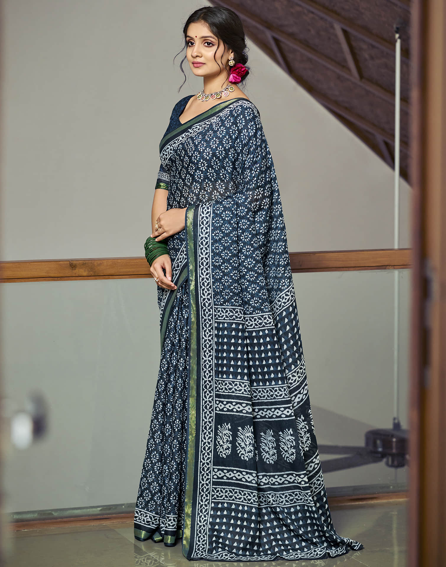 Rama Blue Cotton Printed Saree