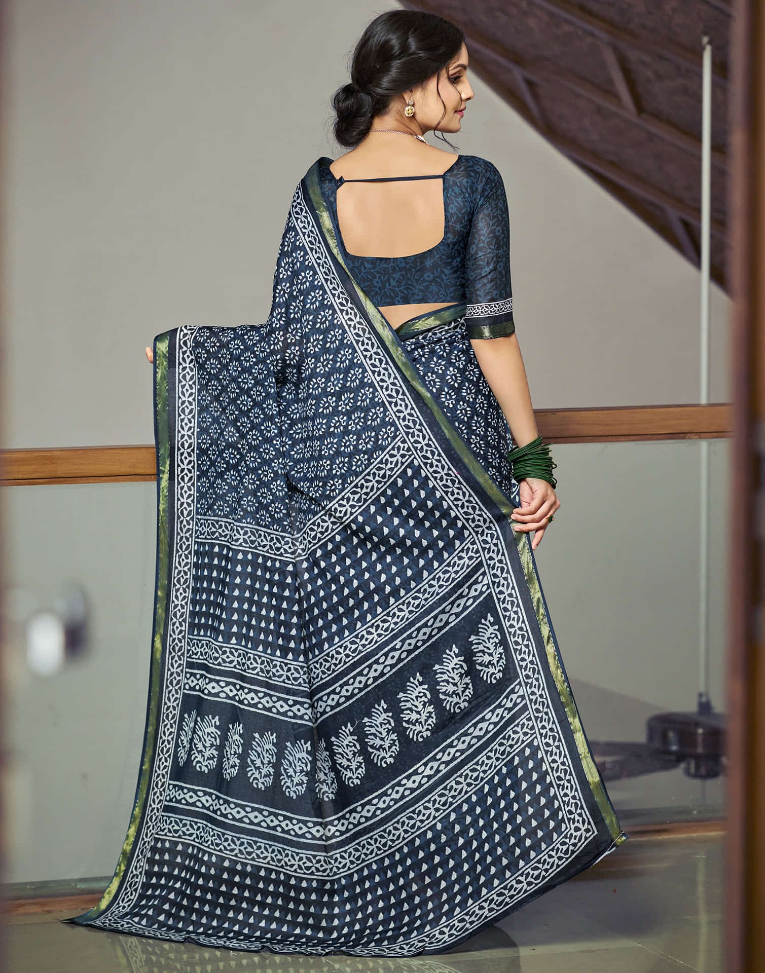Rama Blue Cotton Printed Saree