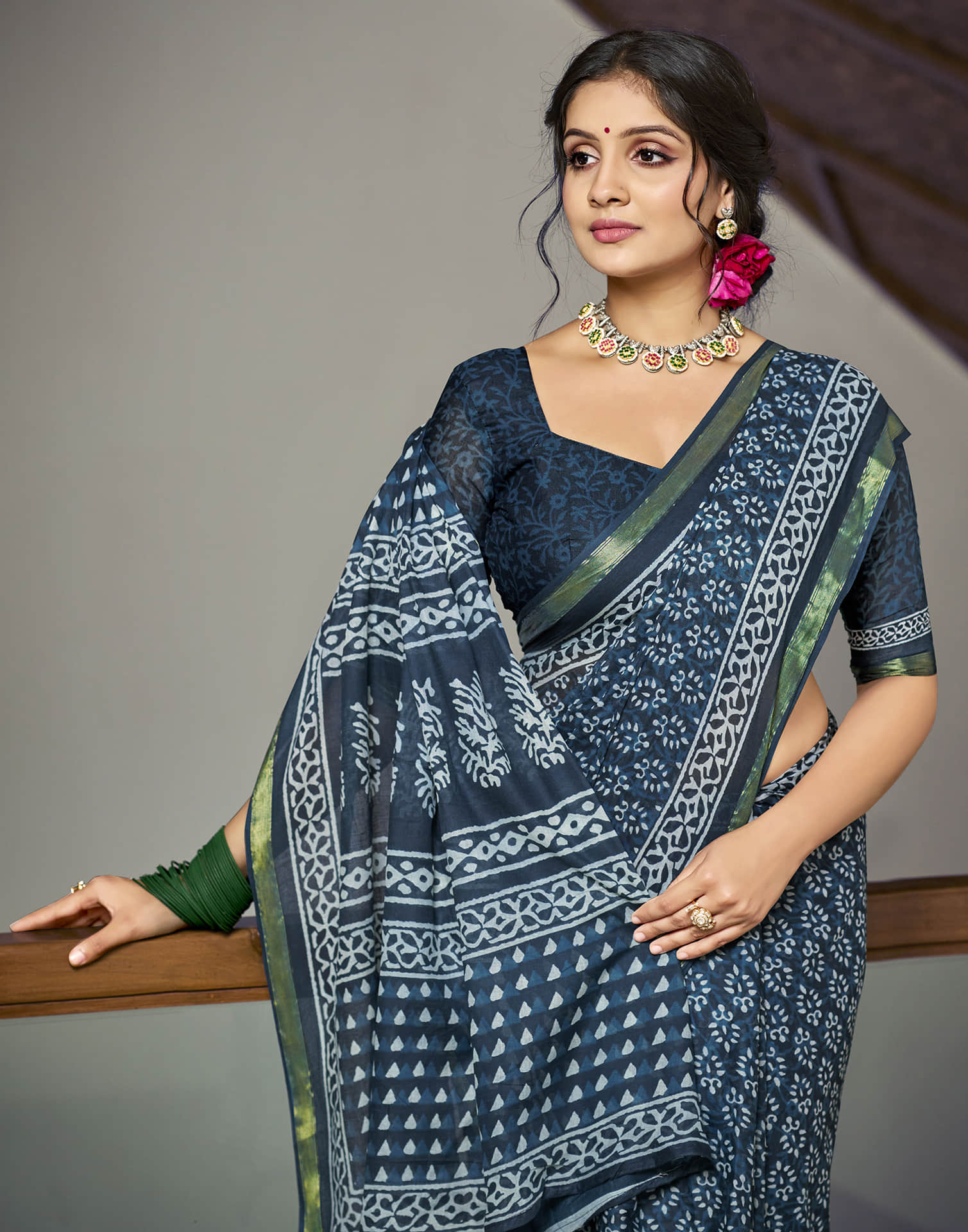 Rama Blue Cotton Printed Saree
