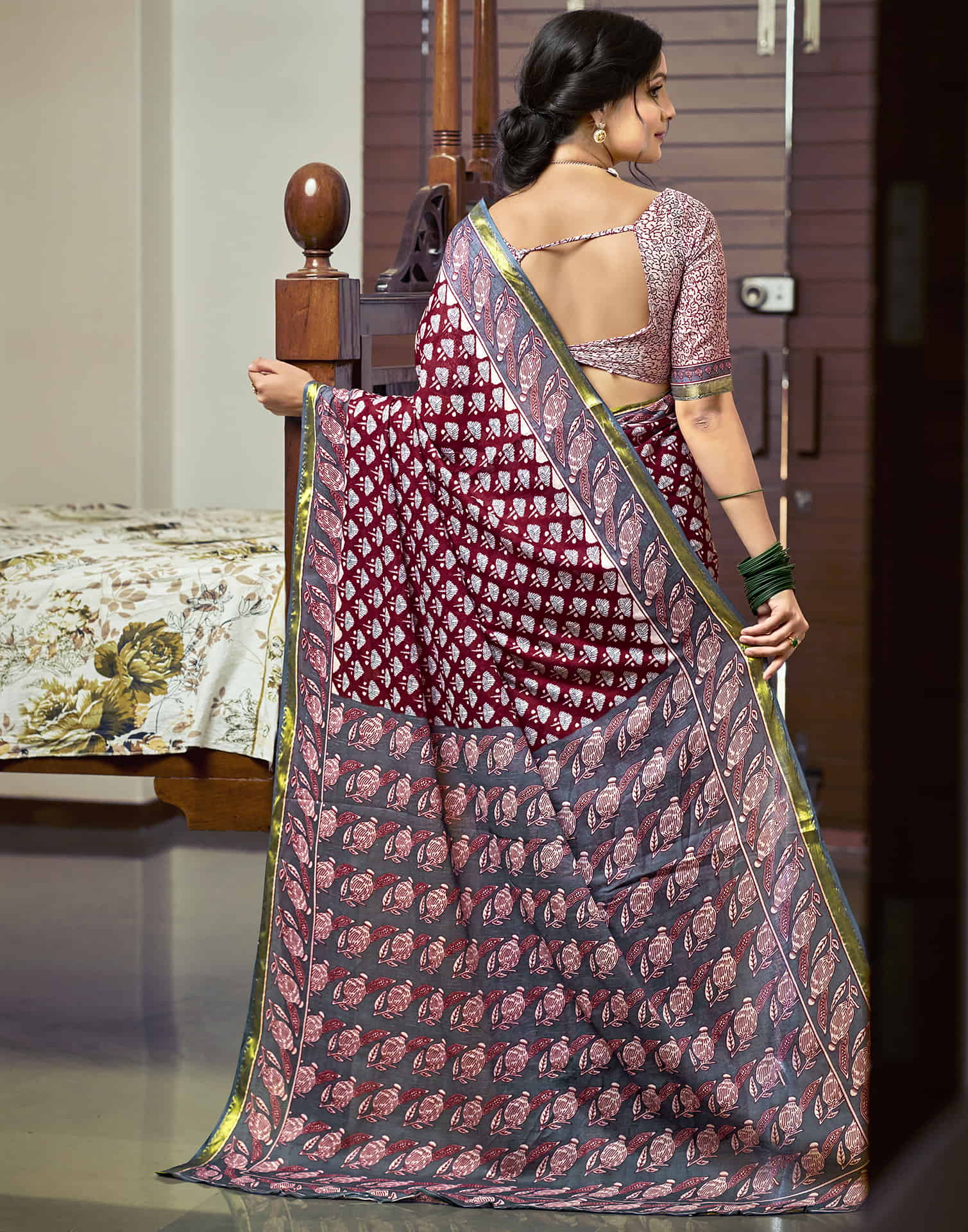 Maroon Cotton Printed Saree