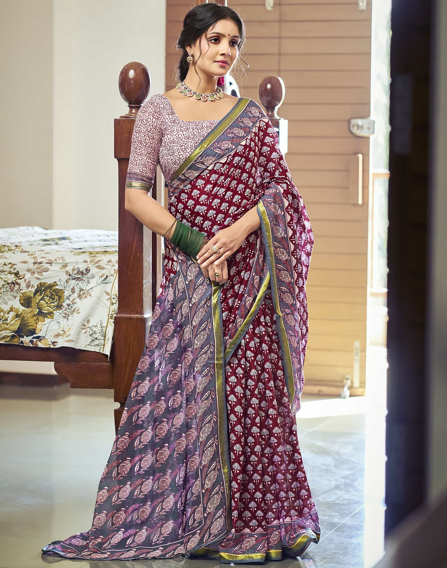 Maroon Cotton Printed Saree