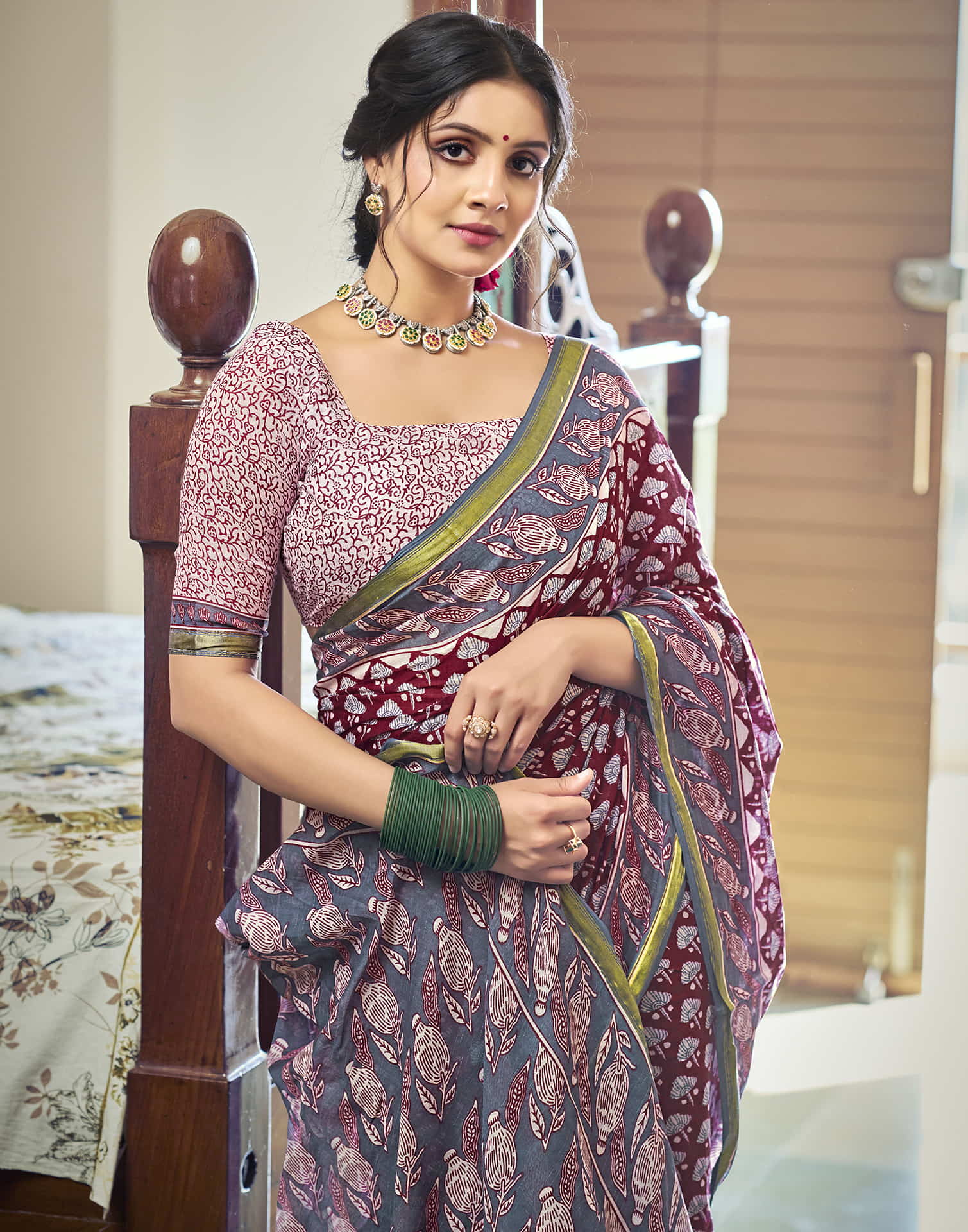 Maroon Cotton Printed Saree