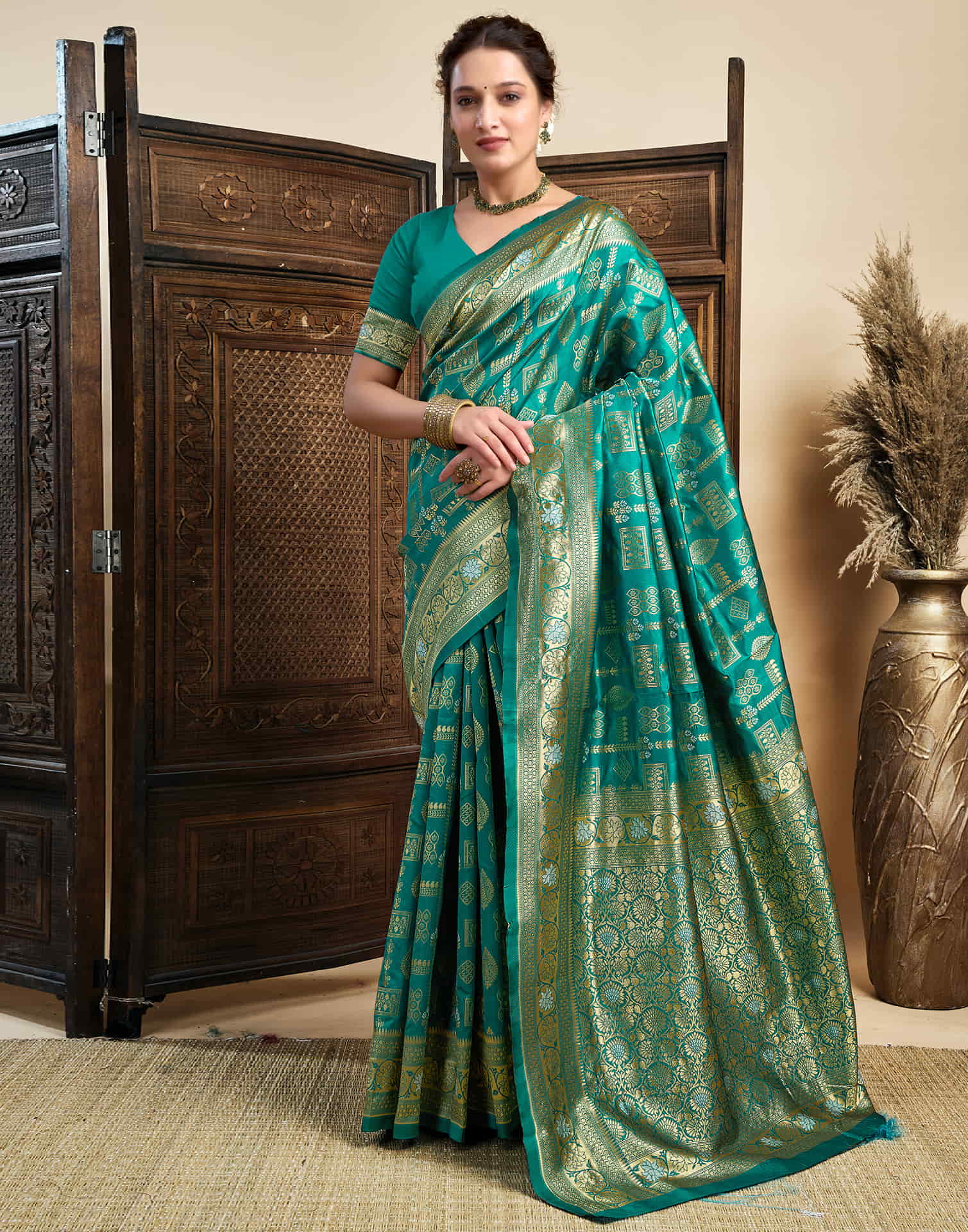 Teal Green Silk Woven Banarasi Saree