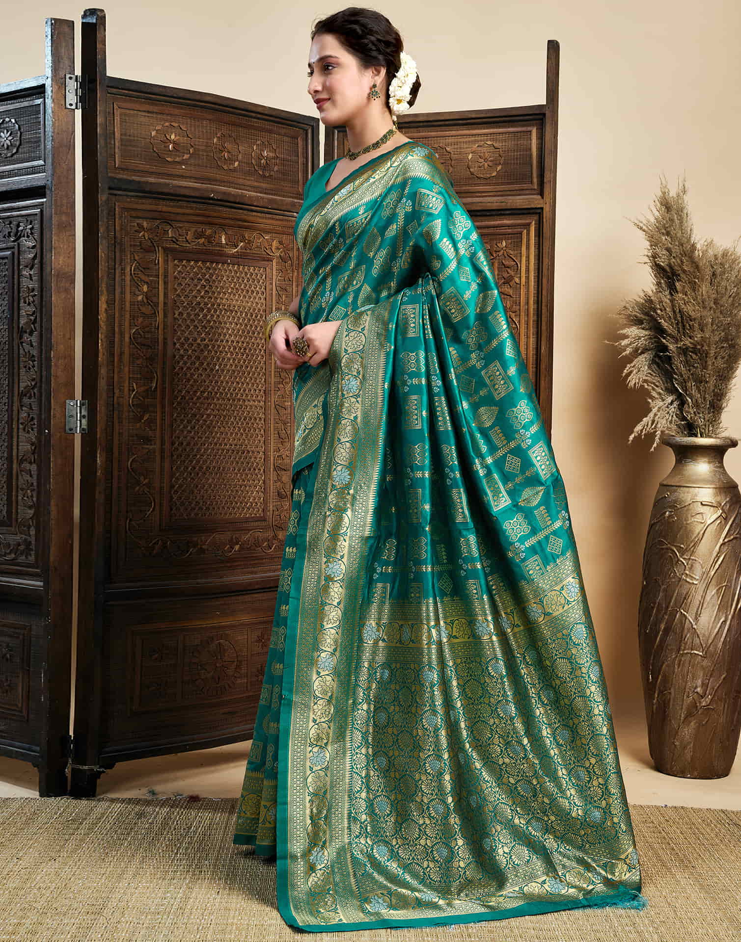 Teal Green Silk Woven Banarasi Saree