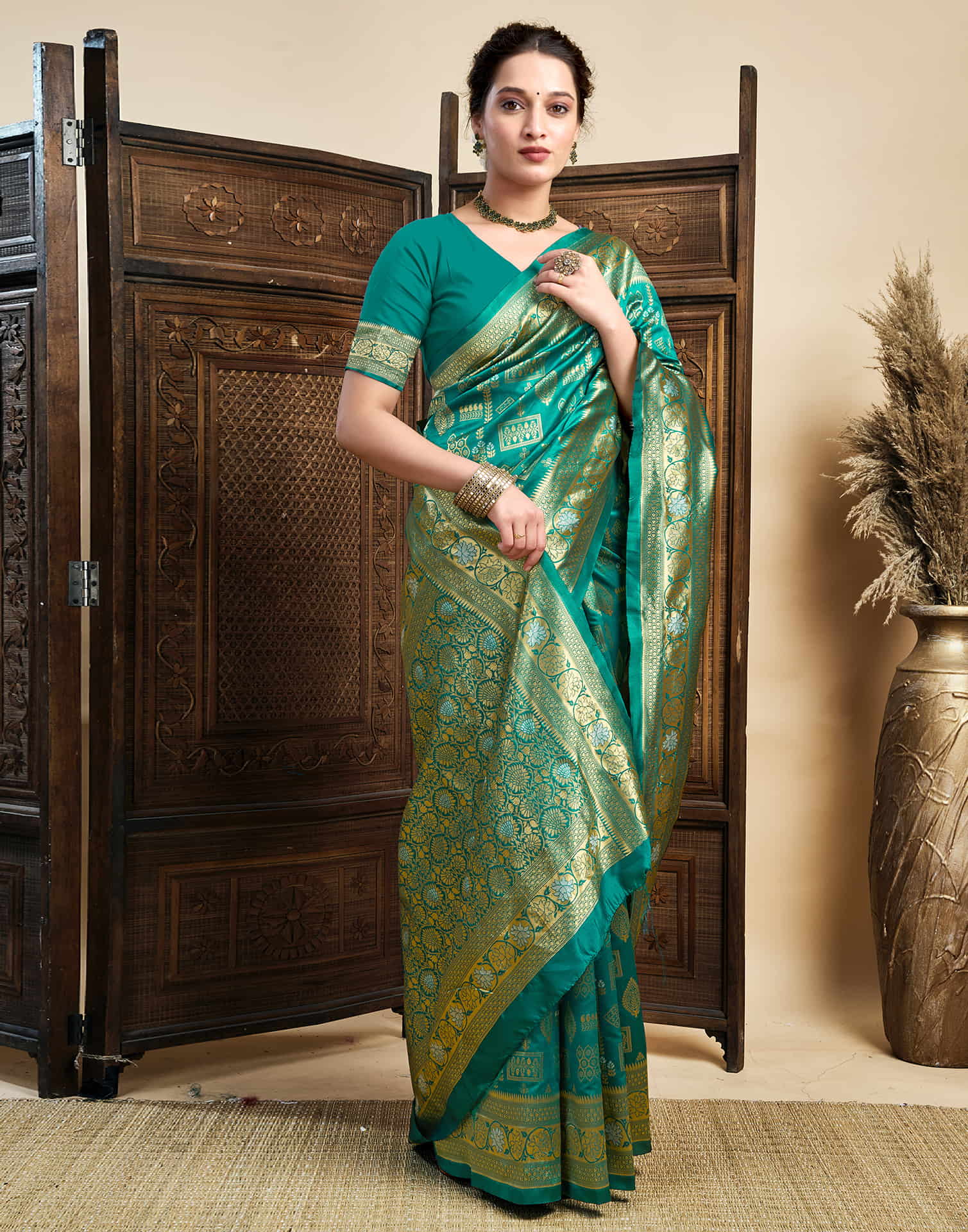 Teal Green Silk Woven Banarasi Saree