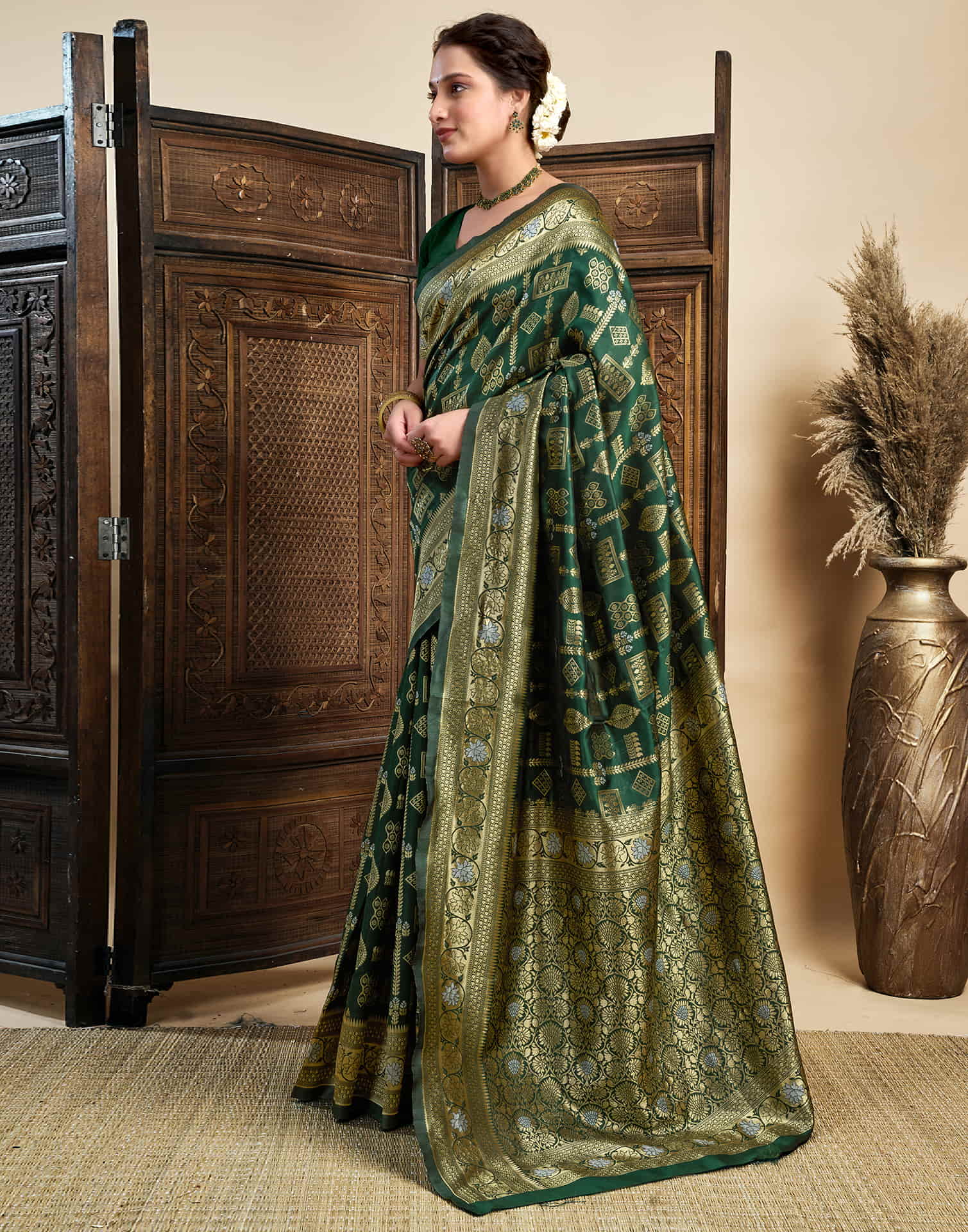 Dark Green Silk Woven Banarasi Saree