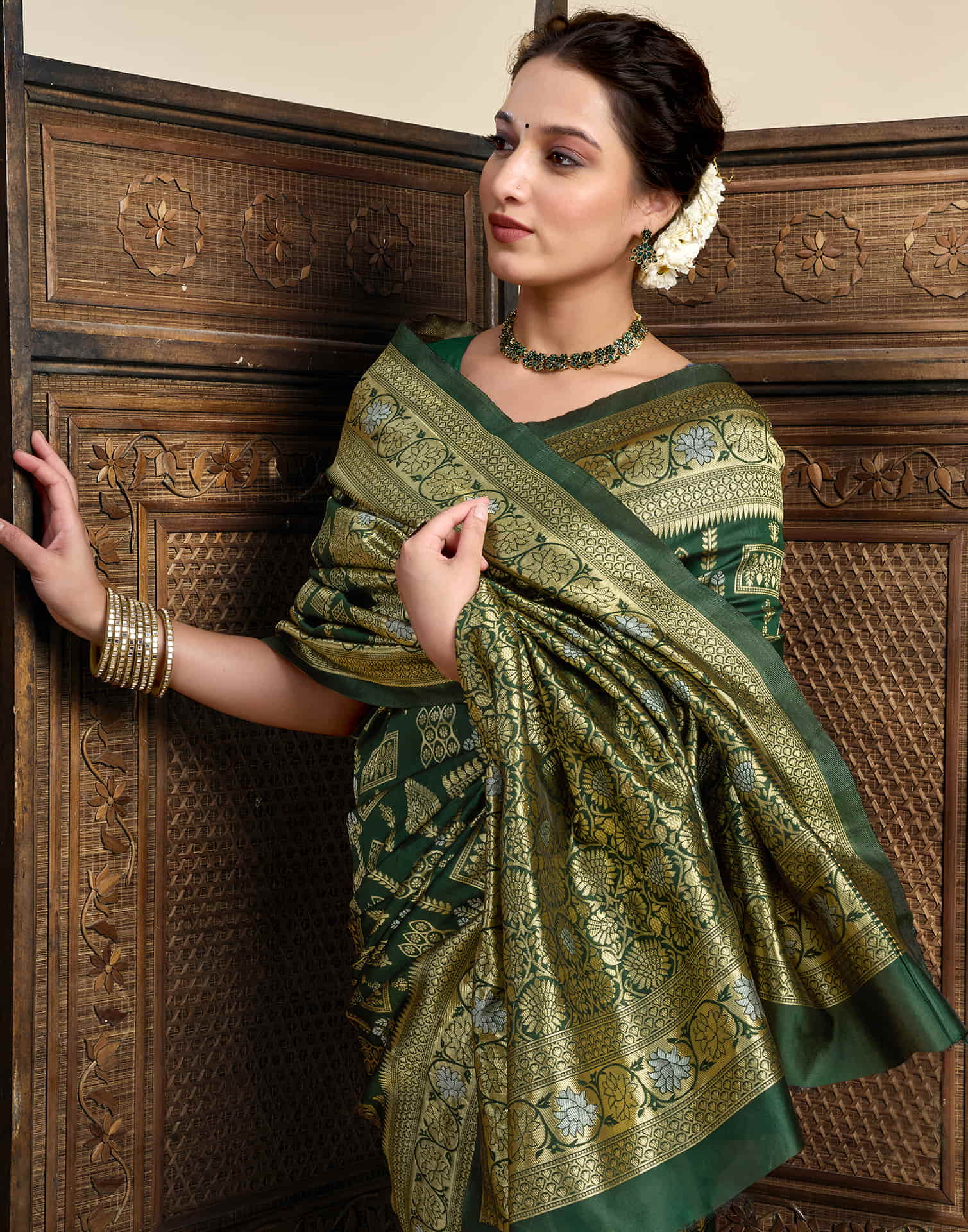 Dark Green Silk Woven Banarasi Saree