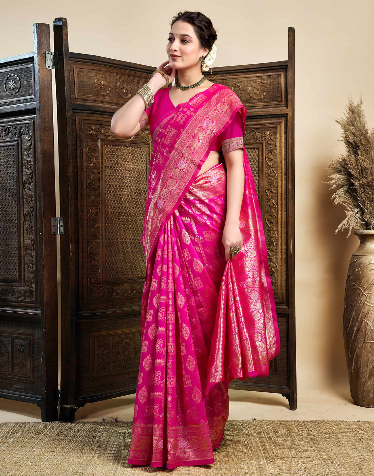 Rani Pink Silk Woven Banarasi Saree