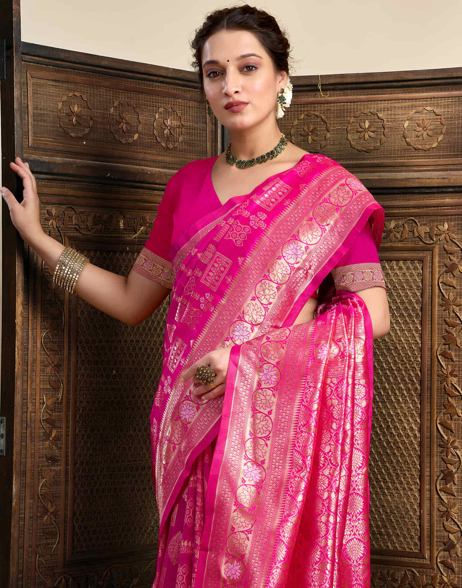 Rani Pink Silk Woven Banarasi Saree