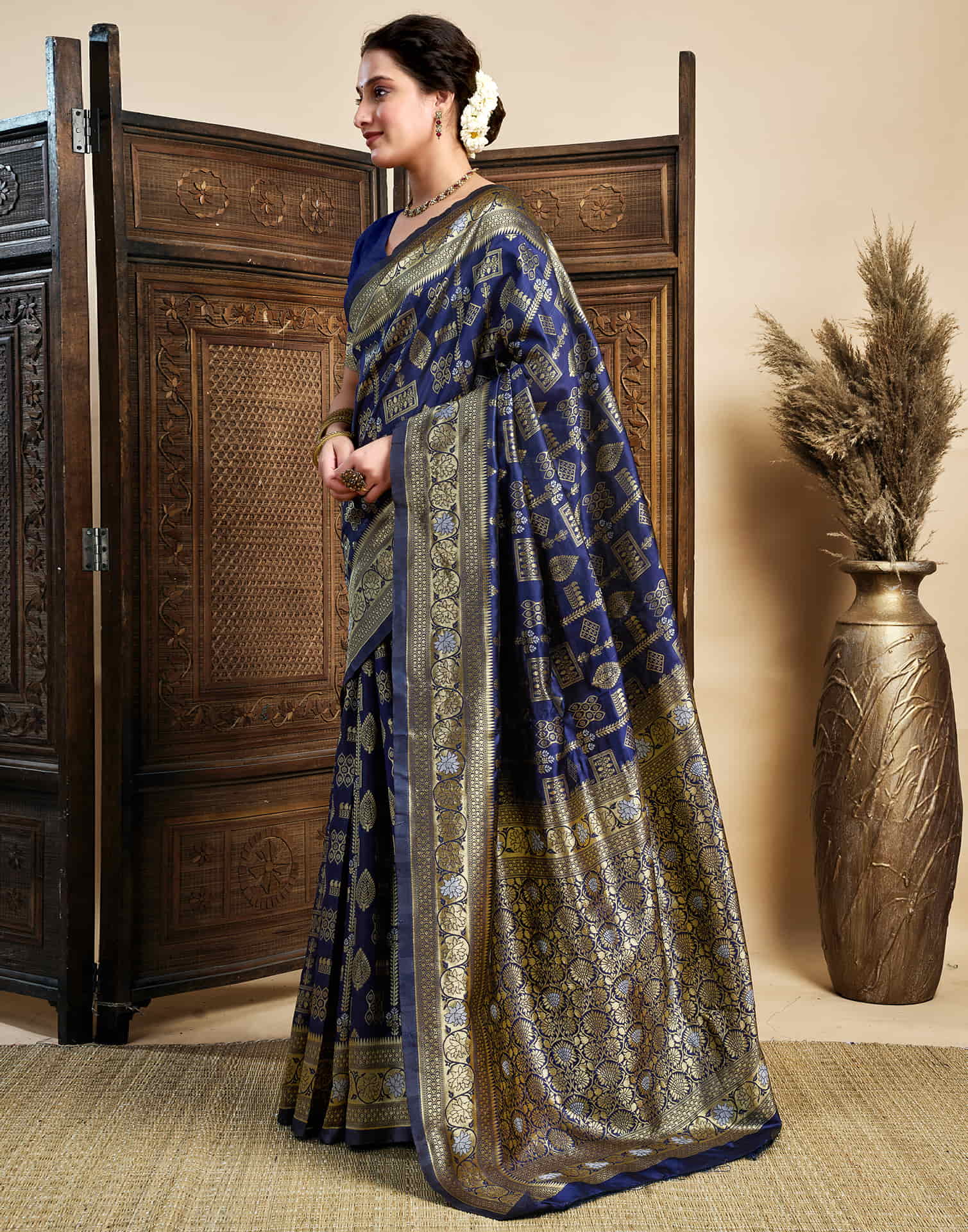Navy Blue Silk Woven Banarasi Saree