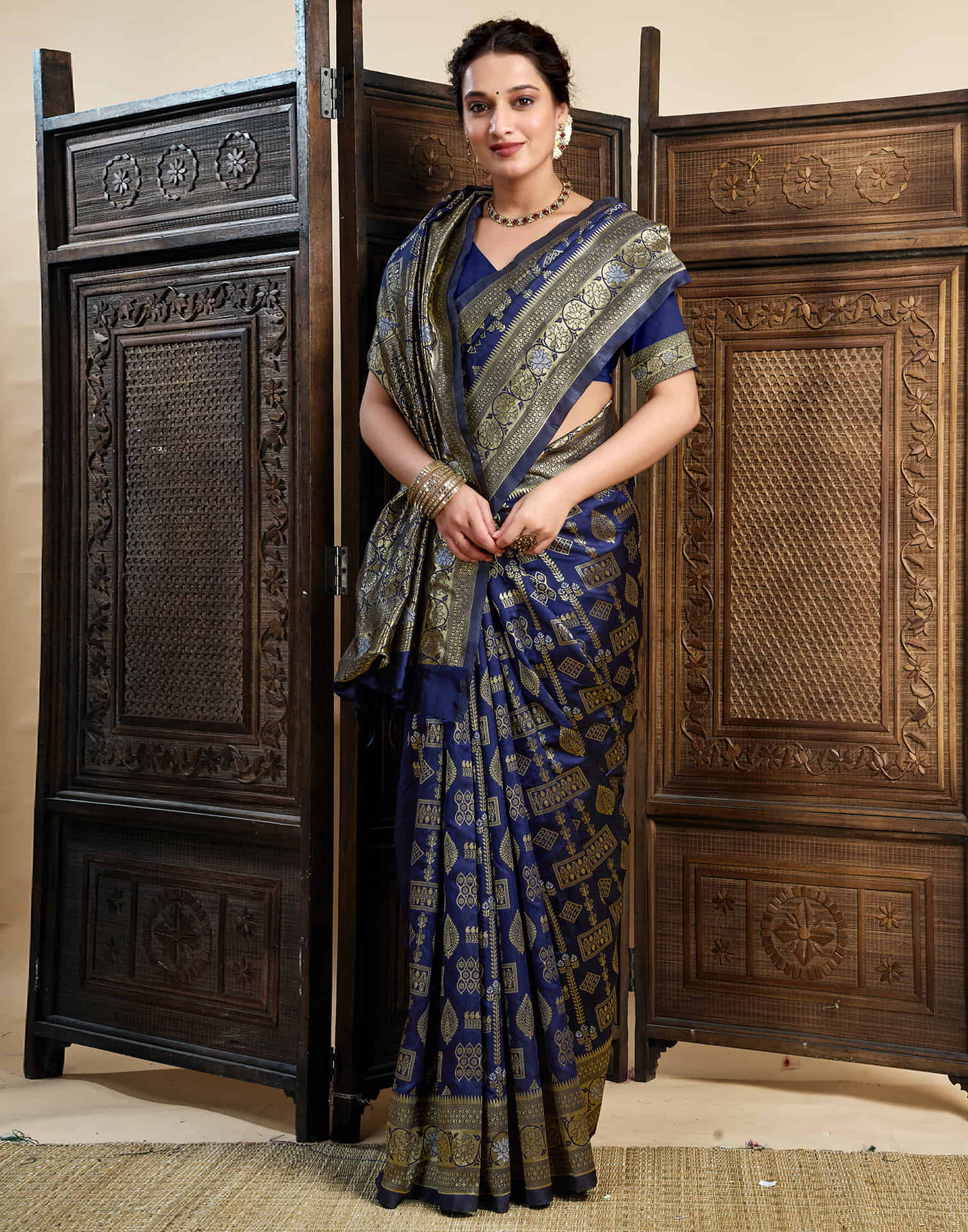 Navy Blue Silk Woven Banarasi Saree