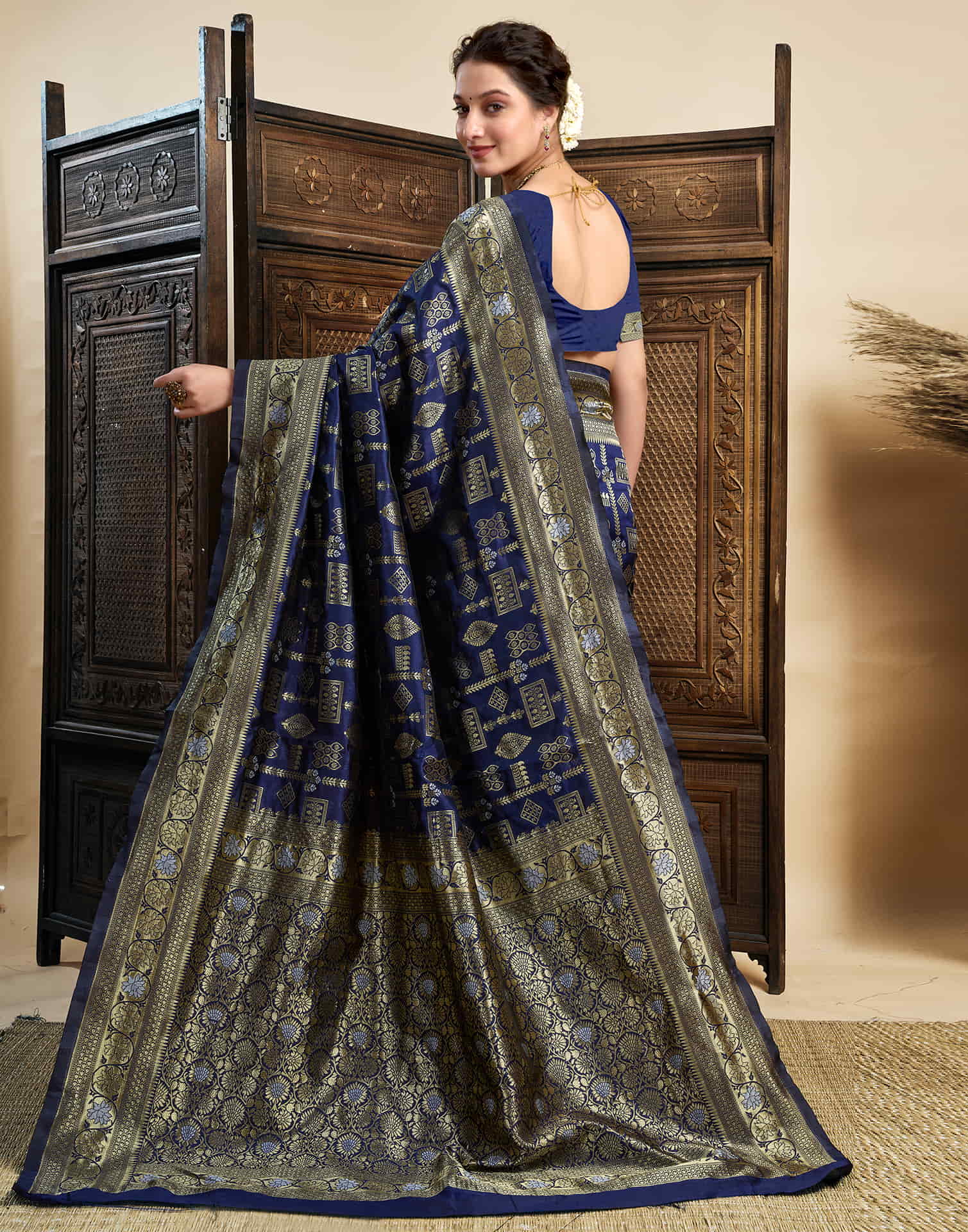 Navy Blue Silk Woven Banarasi Saree