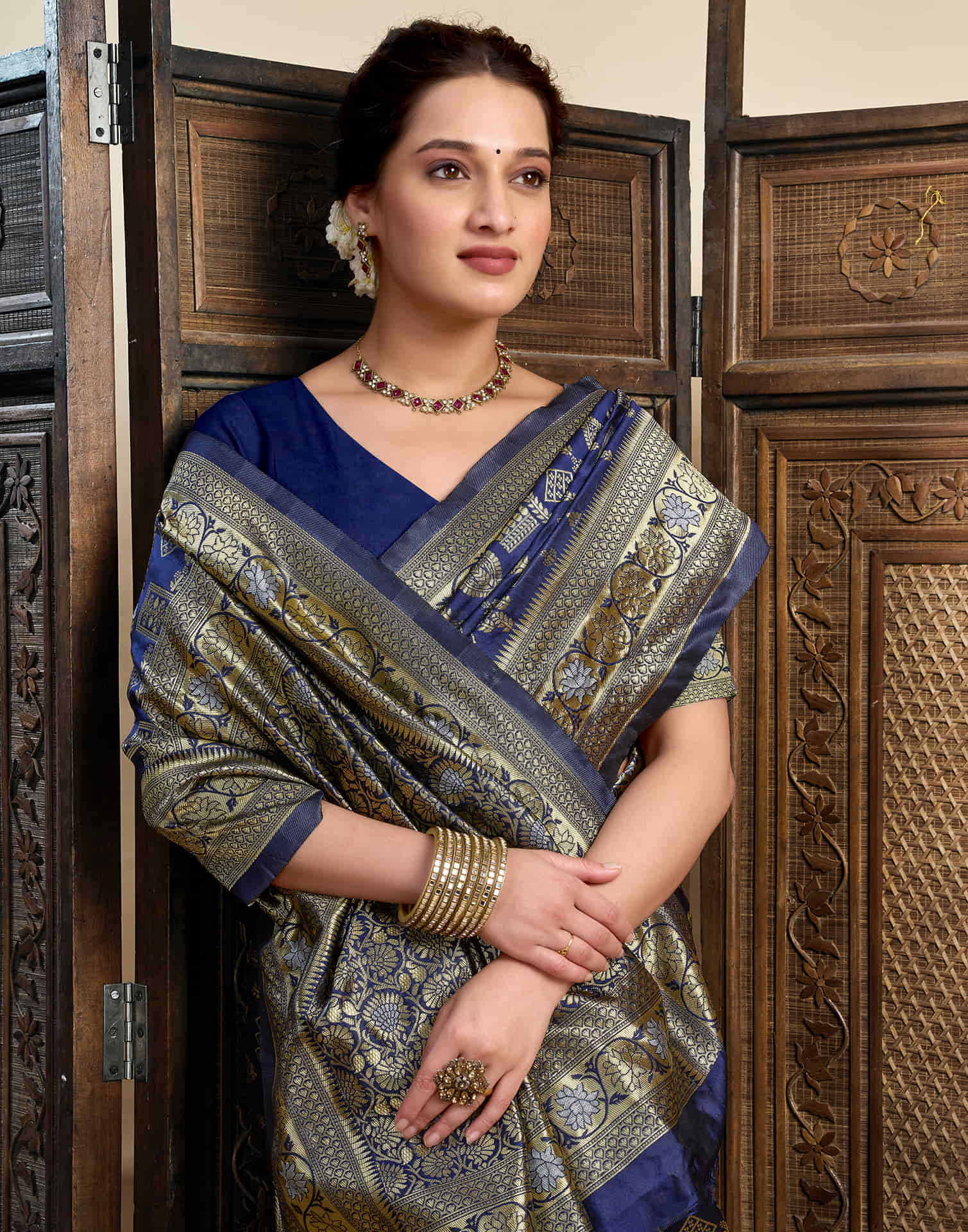 Navy Blue Silk Woven Banarasi Saree