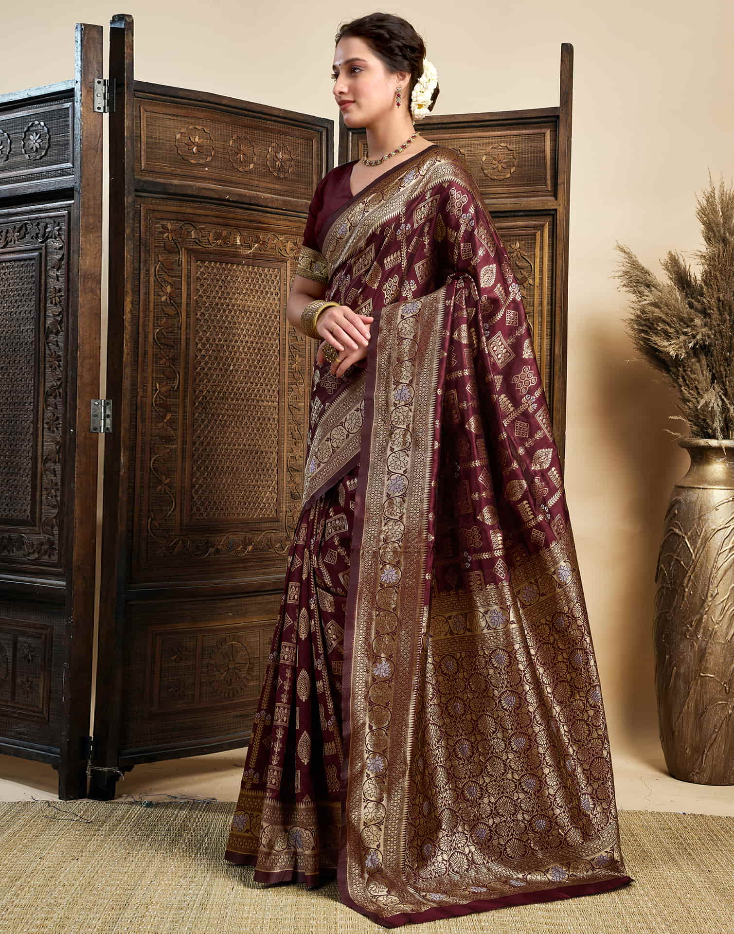 Maroon Silk Woven Banarasi Saree