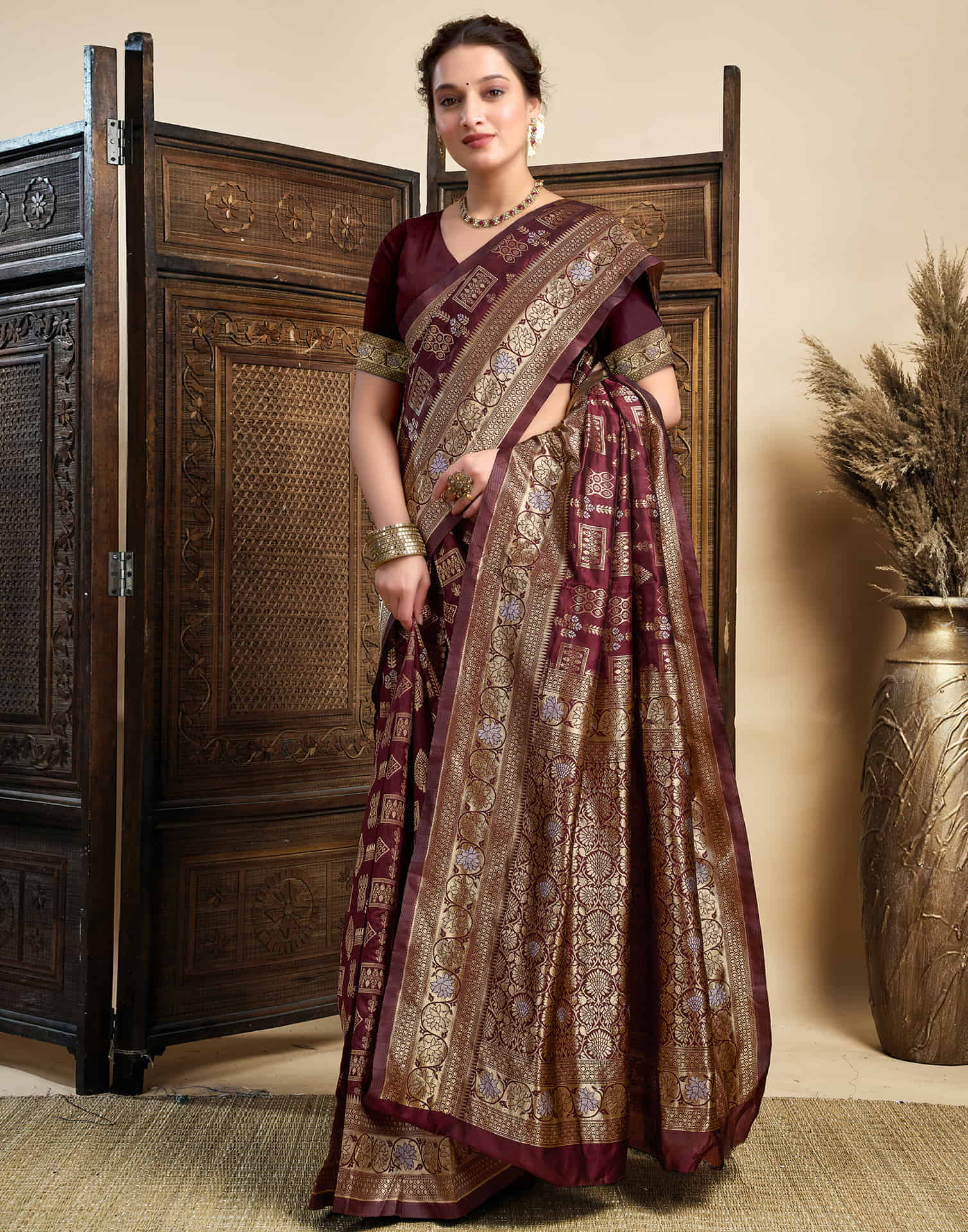 Maroon Silk Woven Banarasi Saree