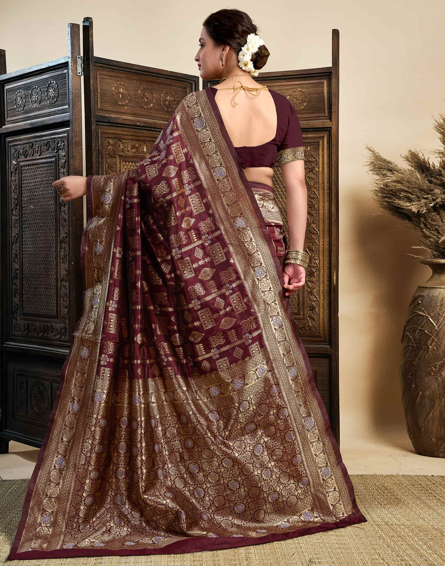 Maroon Silk Woven Banarasi Saree